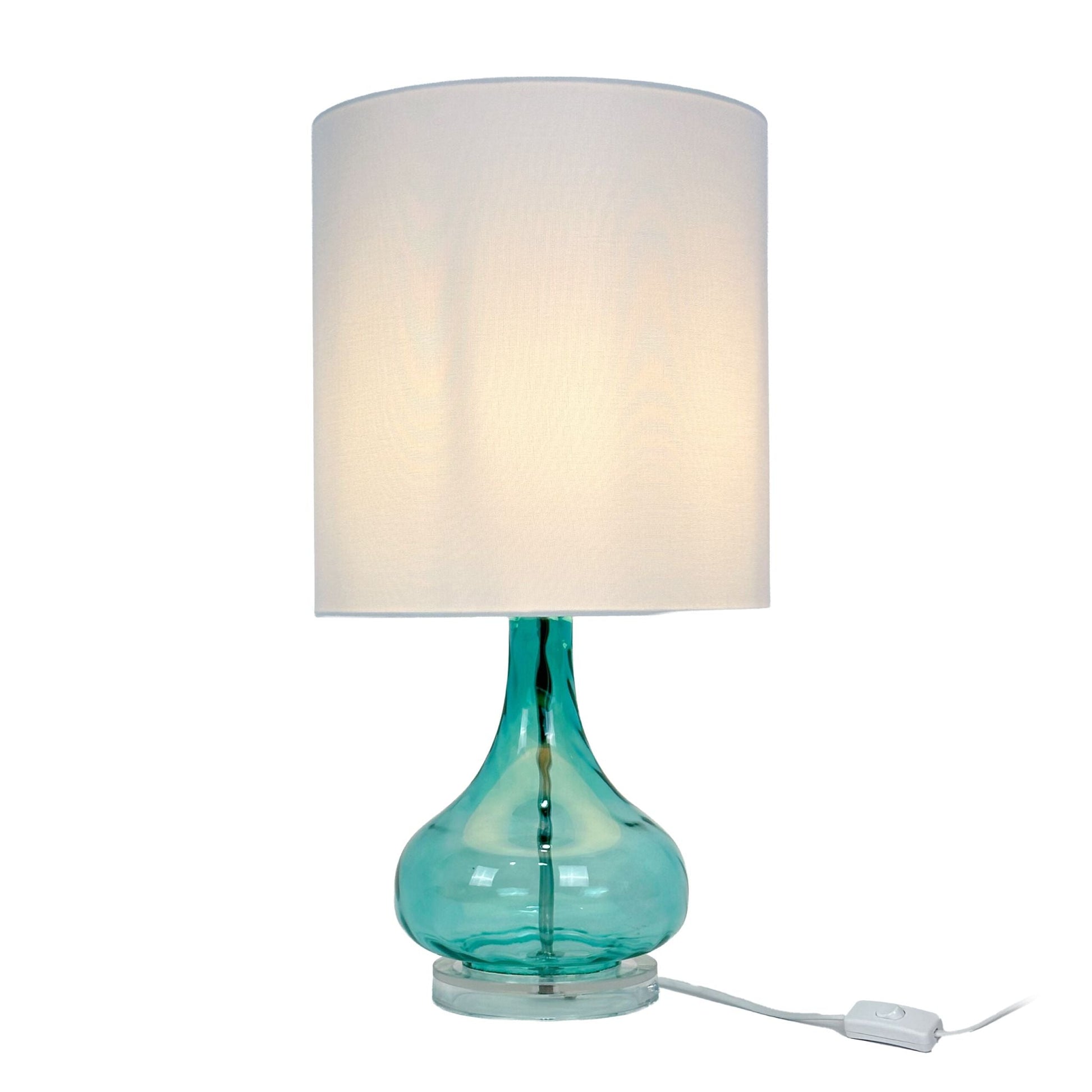 Tischlampe Glasfuss & Stoffschirm Weiss-Blau von Relaxdays