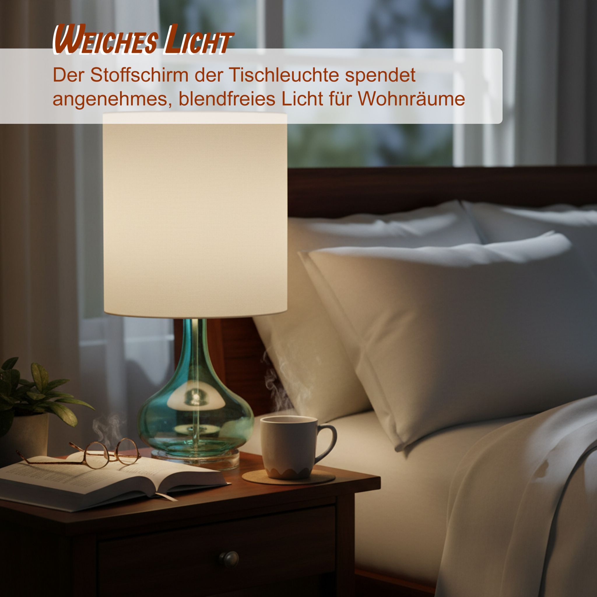 Tischlampe Glasfuss & Stoffschirm Weiss-Blau von Relaxdays