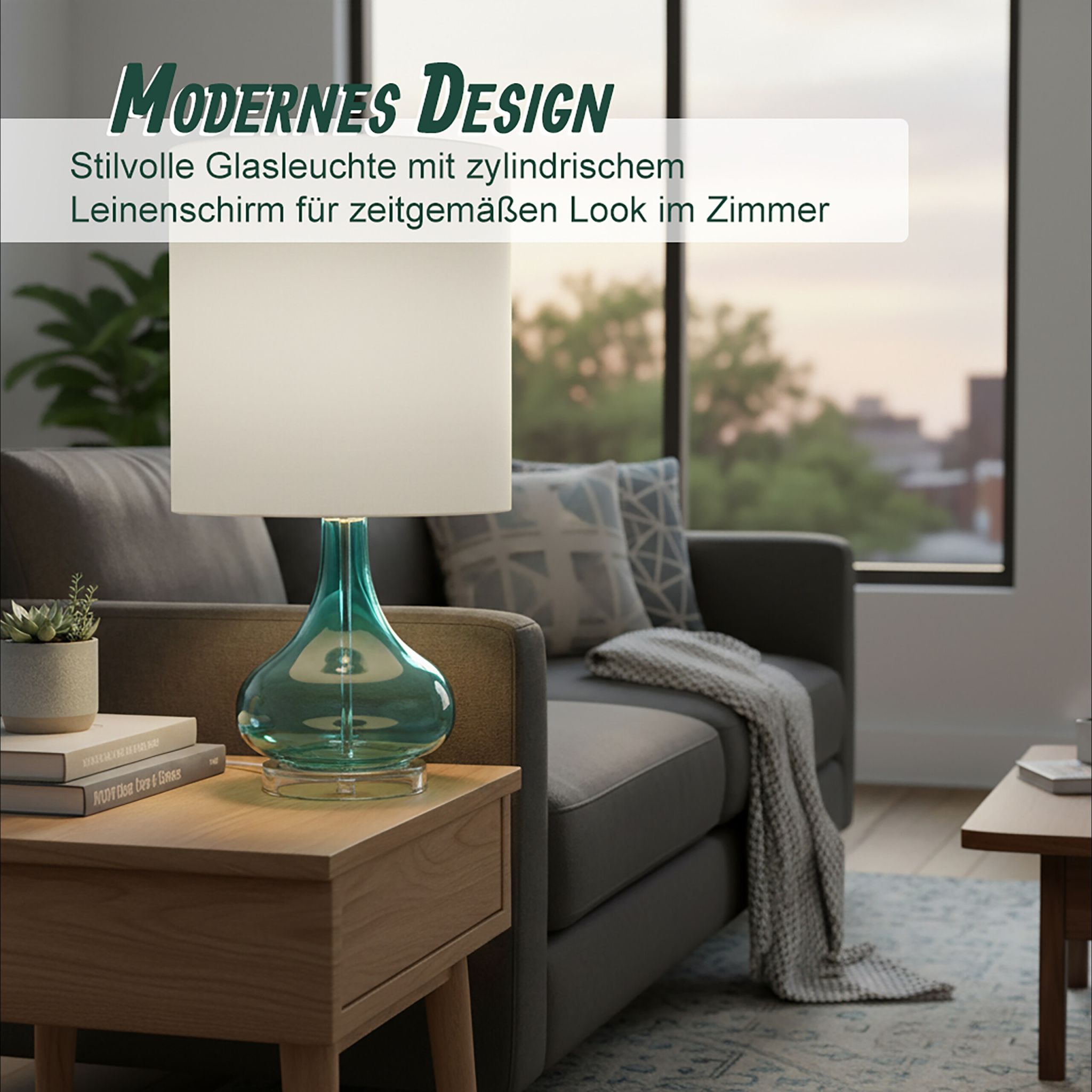 Tischlampe Glasfuss & Stoffschirm Weiss-Blau von Relaxdays
