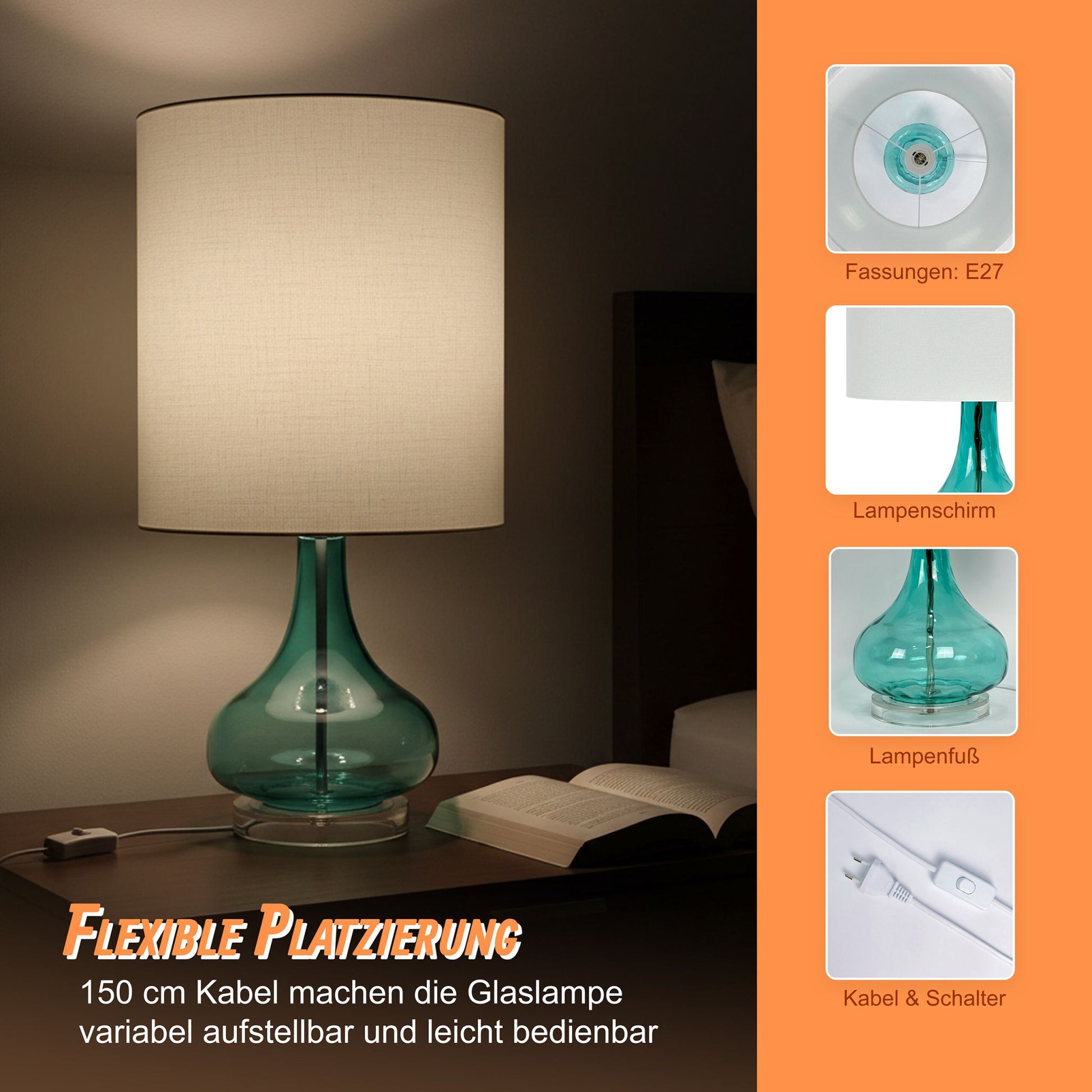 Tischlampe Glasfuss & Stoffschirm Weiss-Blau von Relaxdays
