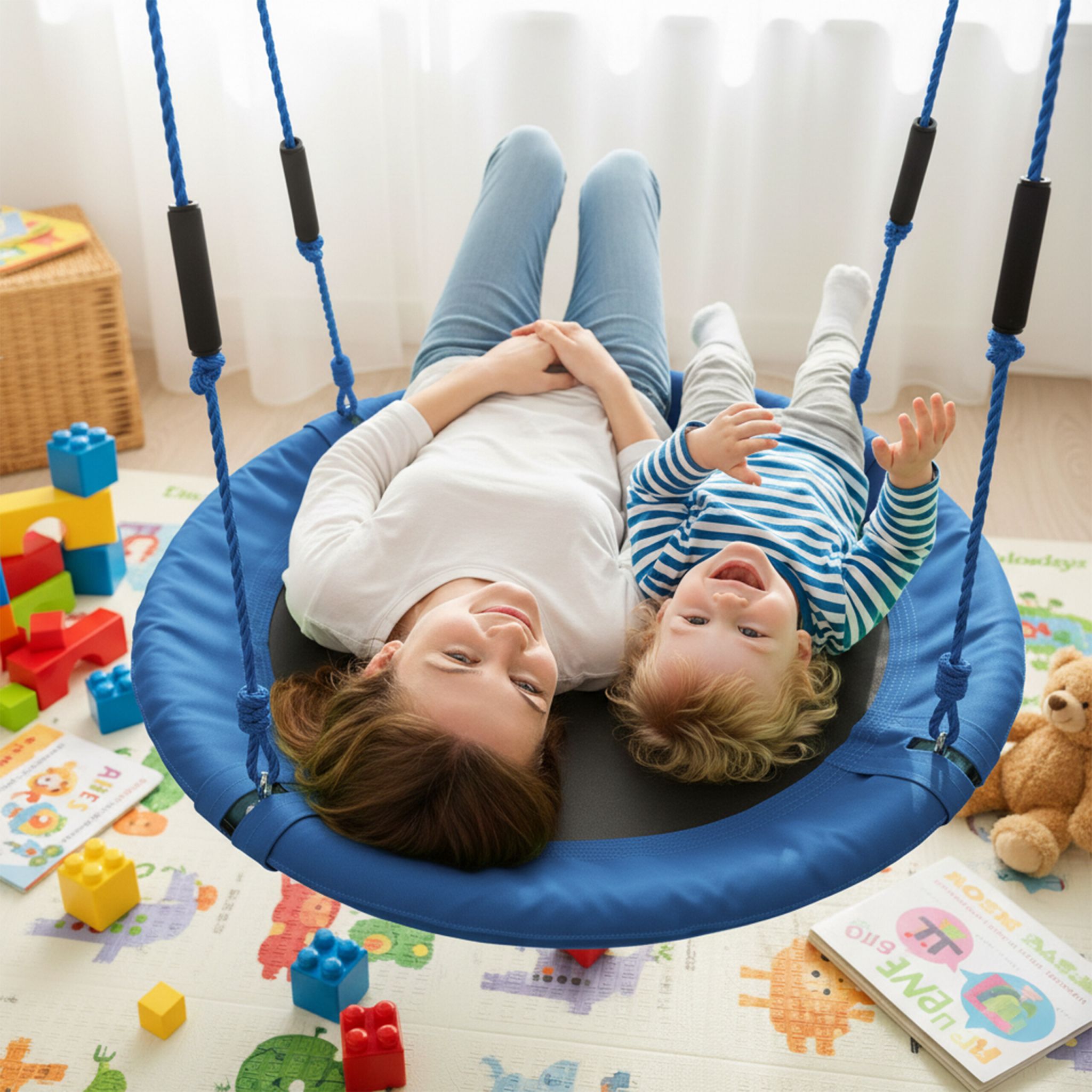Nestschaukel Kinder Schaumstoffgriffe Weiss-Blau-Schwarz von Relaxdays