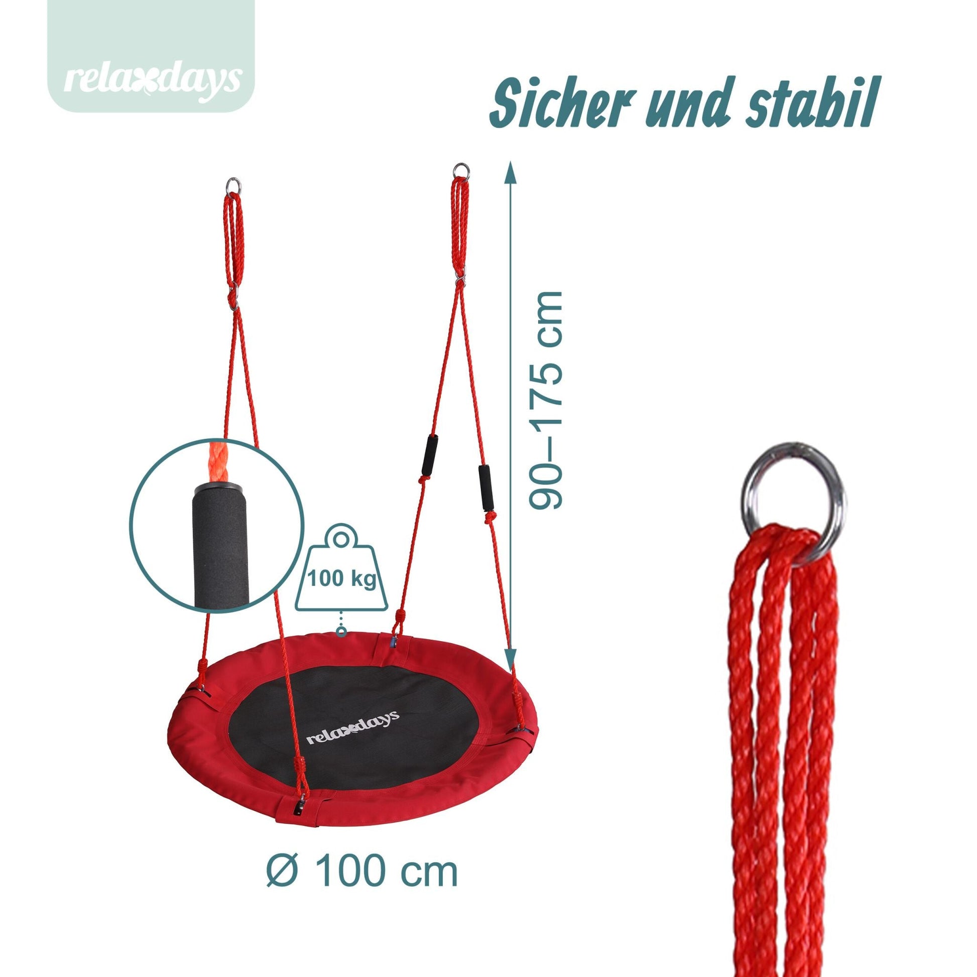 Nestschaukel Kinder Schaumstoffgriffe Weiss-Rot-Schwarz von Relaxdays