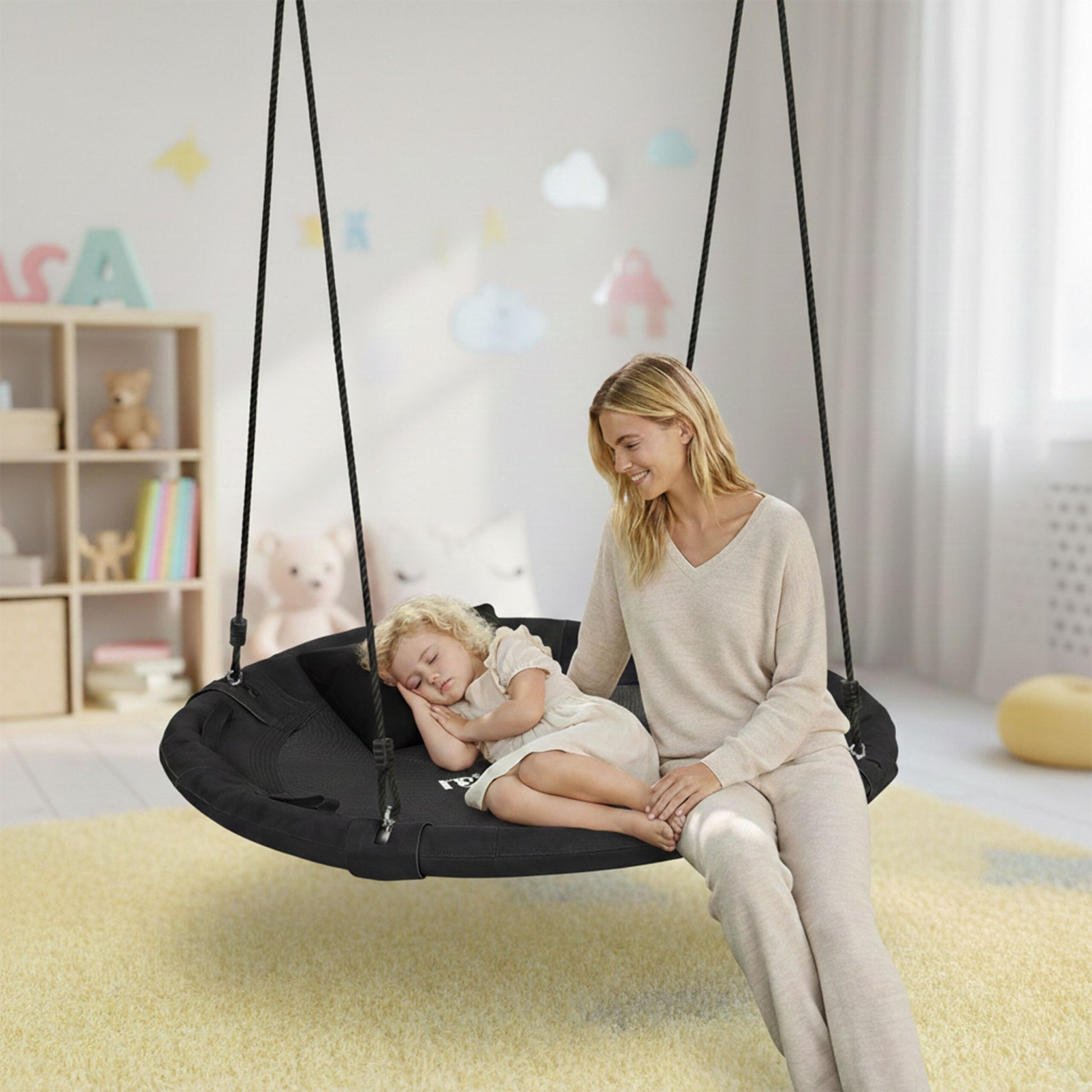 Nestschaukel Kinder mit Kissen & Griffen Weiss-Schwarz von Relaxdays