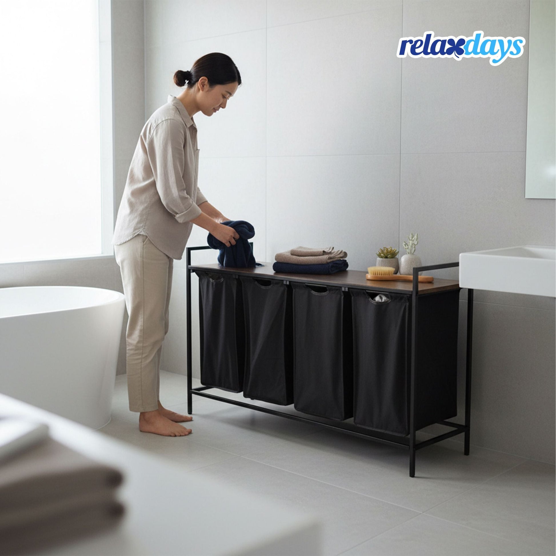 Wäschesammler 4 Fächer mit Ablage Braun-Schwarz von Relaxdays