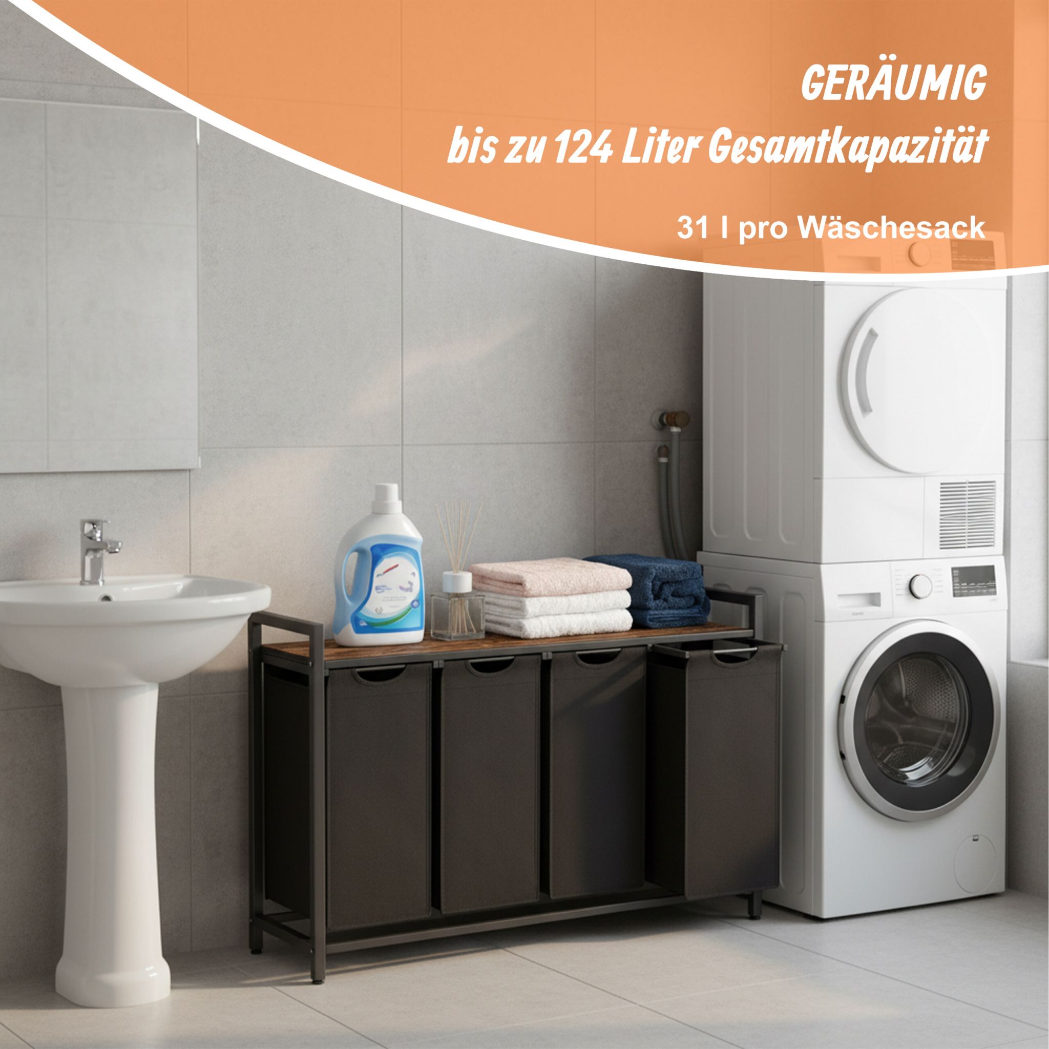 Wäschesammler 4 Fächer mit Ablage Braun-Schwarz von Relaxdays