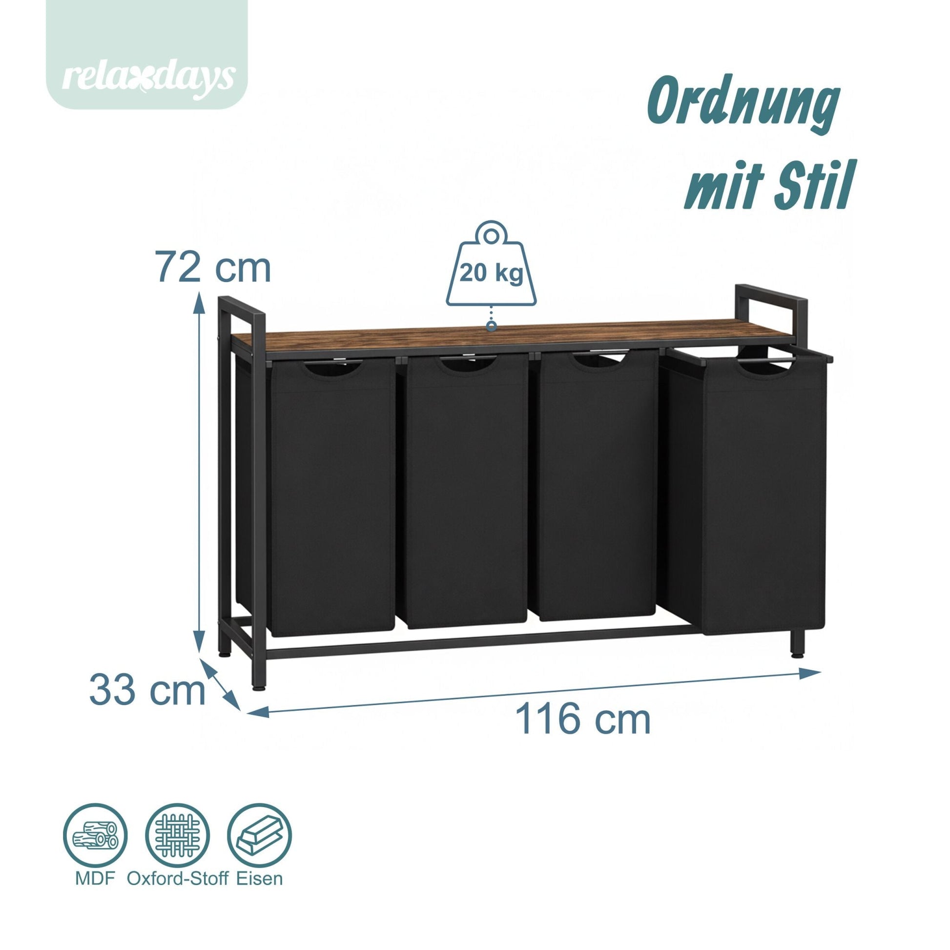 Wäschesammler 4 Fächer mit Ablage Braun-Schwarz von Relaxdays