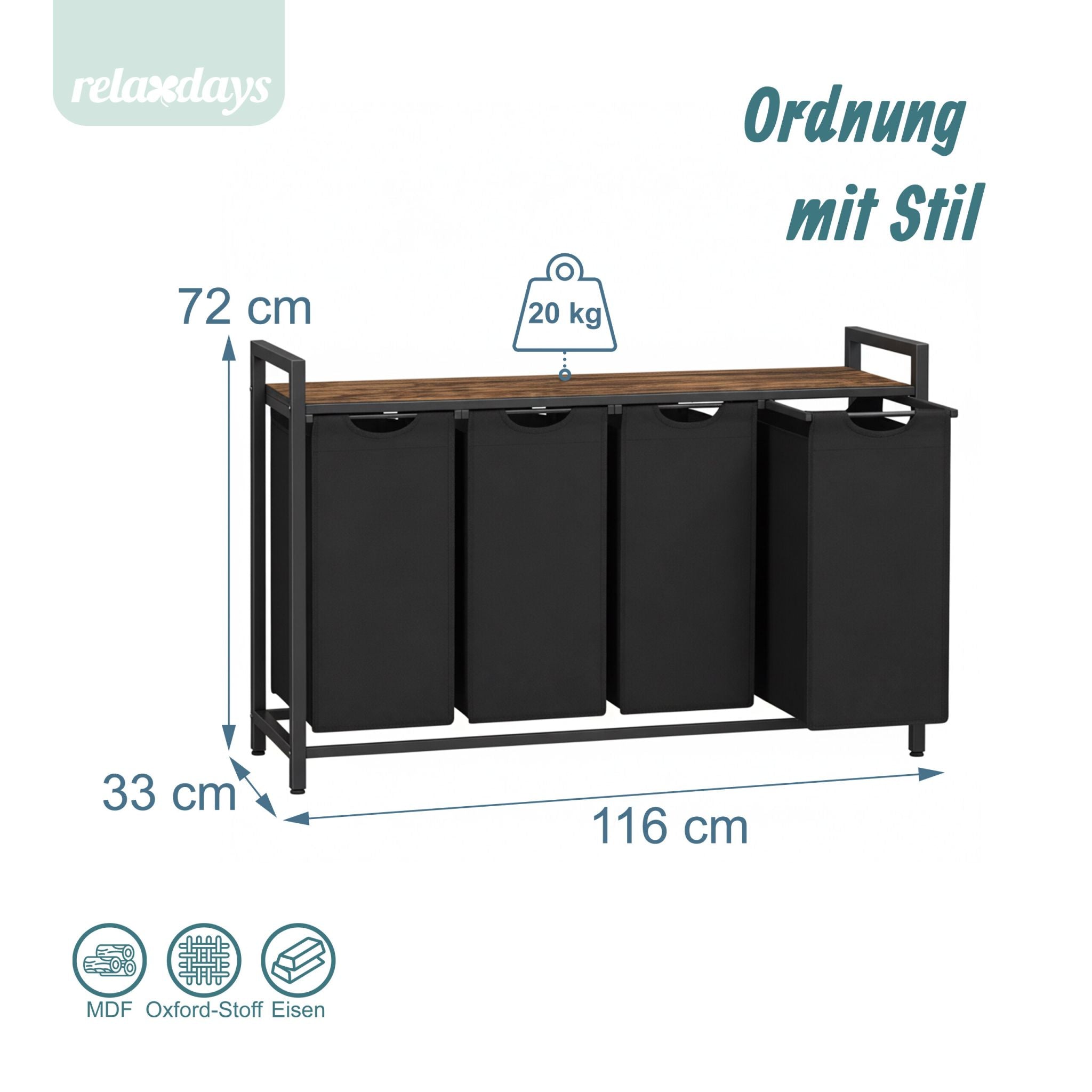 Wäschesammler 4 Fächer mit Ablage Braun-Schwarz von Relaxdays