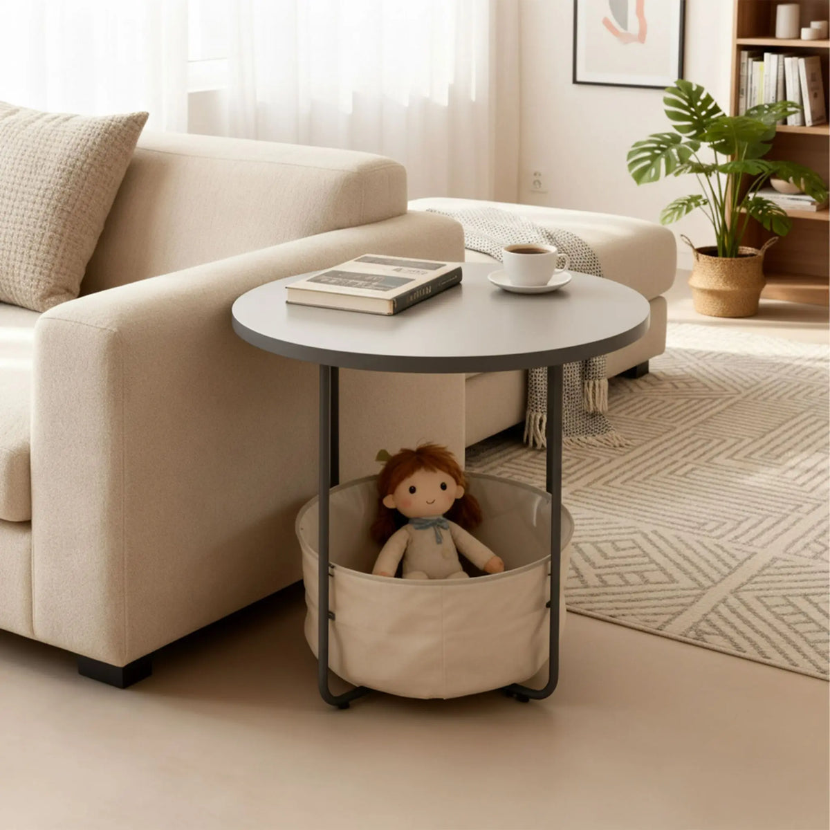 Runder Beistelltisch mit Korb Creme-Grau von Relaxdays