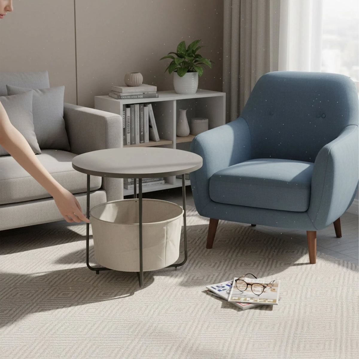Runder Beistelltisch mit Korb Creme-Grau von Relaxdays