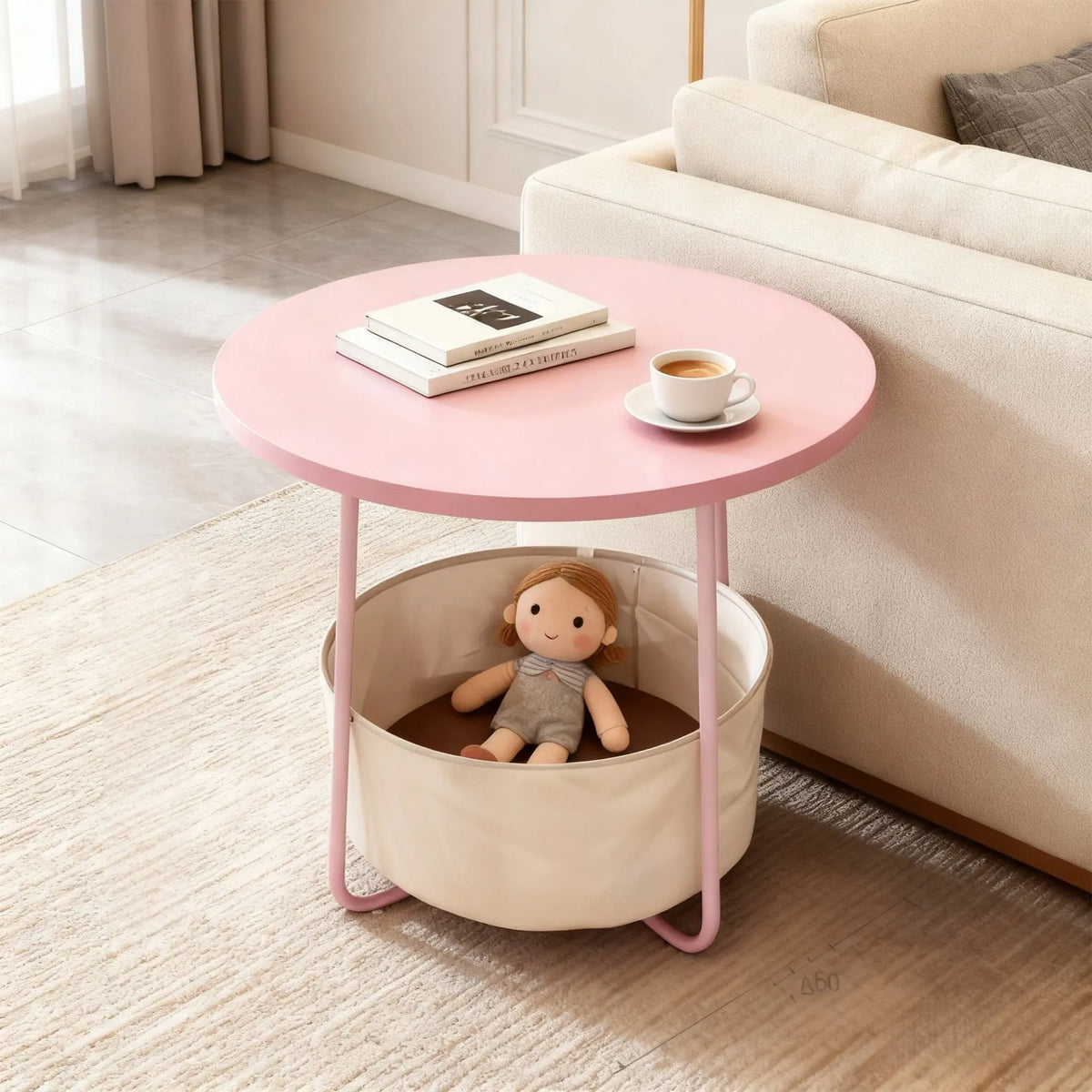 Runder Beistelltisch mit Korb Creme-Rosa von Relaxdays