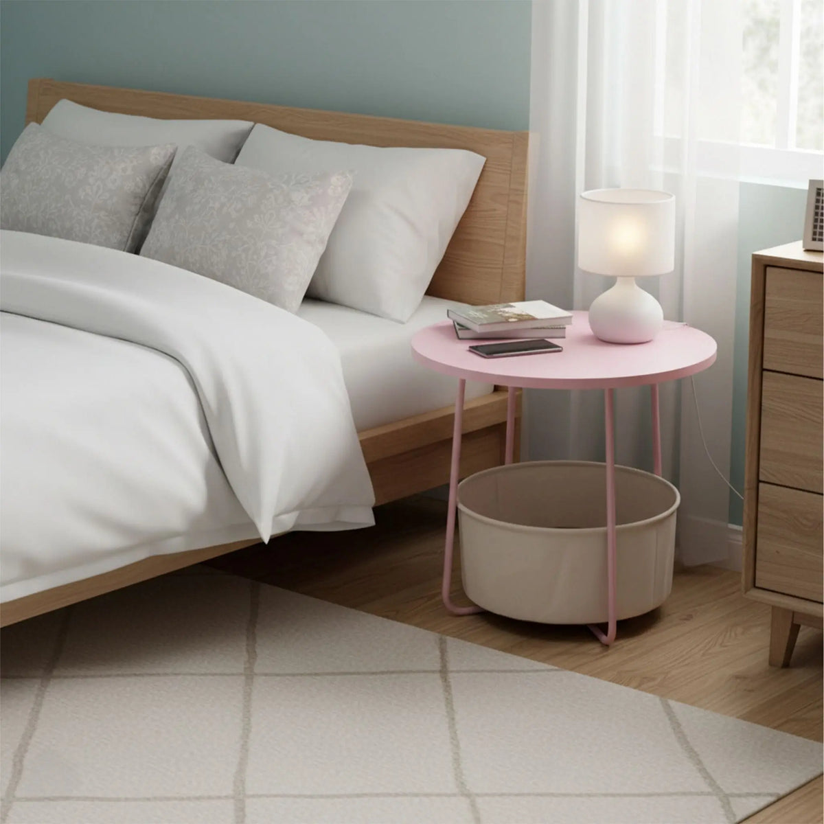 Runder Beistelltisch mit Korb Creme-Rosa von Relaxdays
