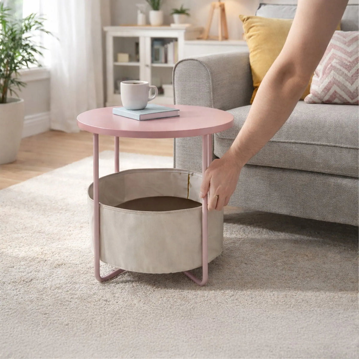 Runder Beistelltisch mit Korb Creme-Rosa von Relaxdays