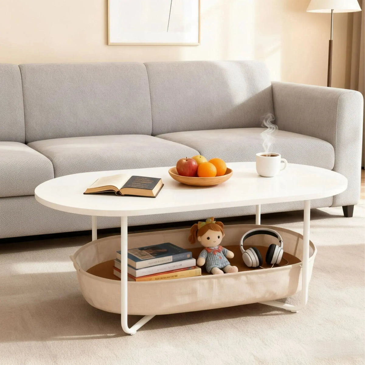 Ovaler Couchtisch mit Stauraum Beige-Weiss von Relaxdays