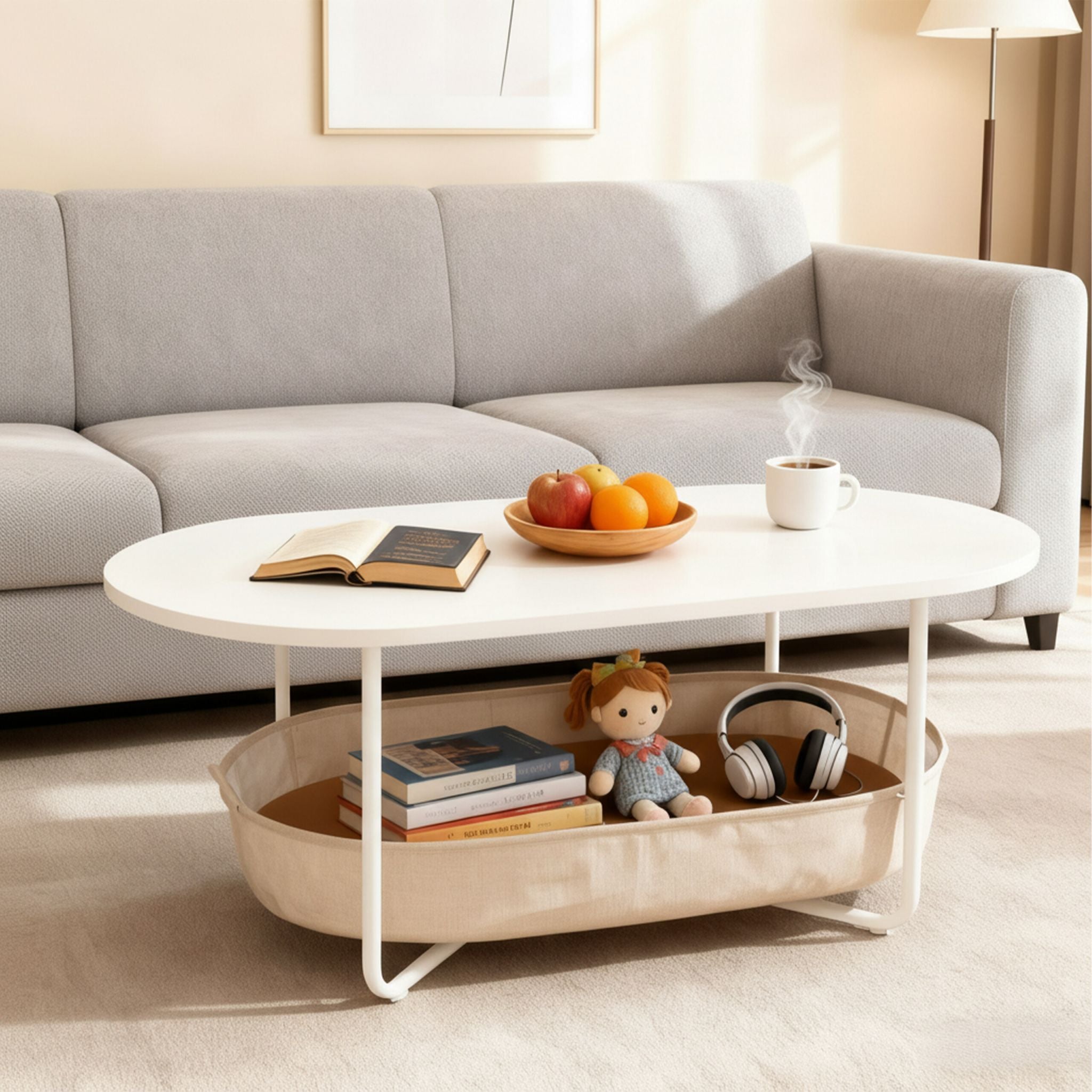 Ovaler Couchtisch mit Stauraum Beige-Weiss von Relaxdays
