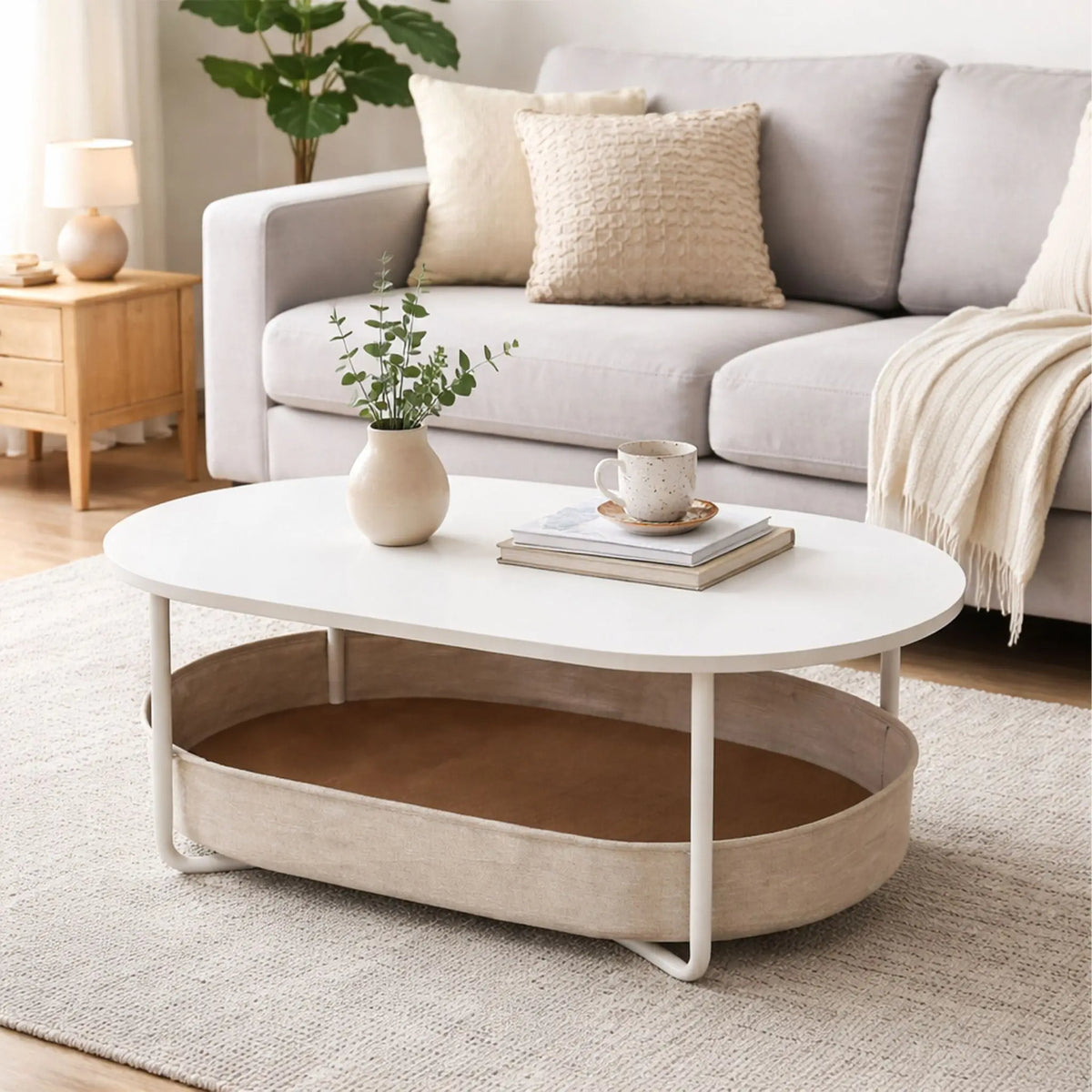 Ovaler Couchtisch mit Stauraum Beige-Weiss von Relaxdays