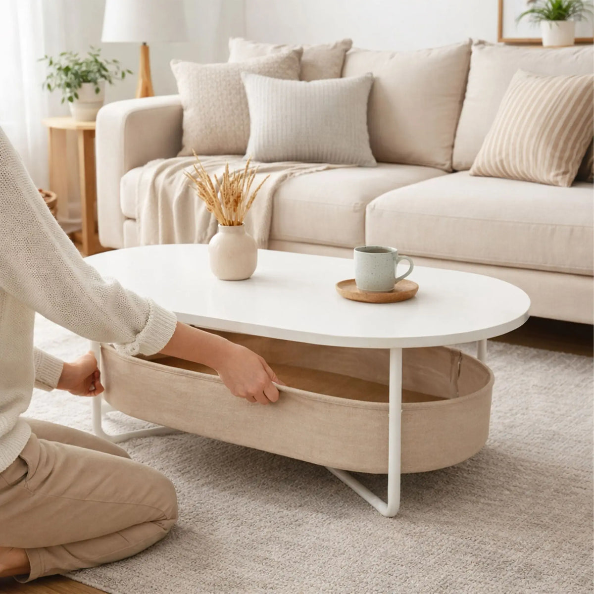 Ovaler Couchtisch mit Stauraum Beige-Weiss von Relaxdays