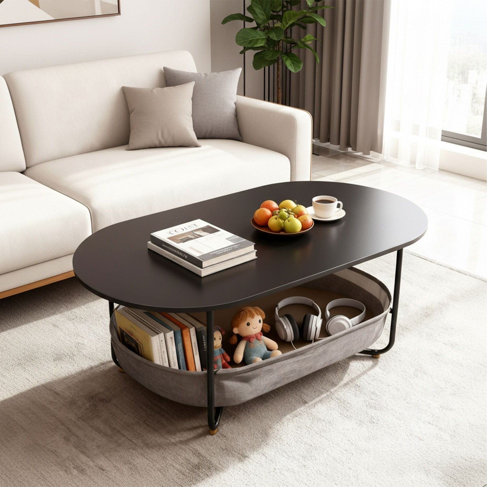 Ovaler Couchtisch mit Stauraum Anthrazit-Schwarz von Relaxdays