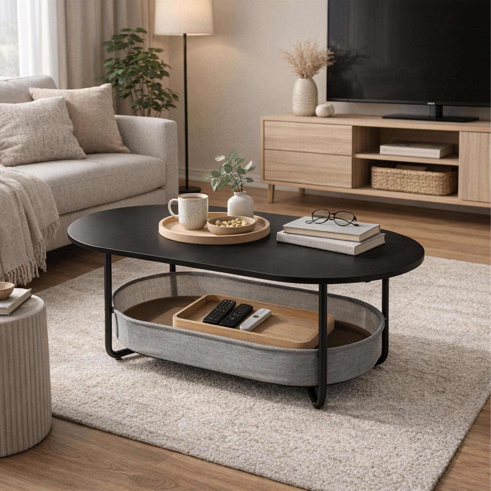Ovaler Couchtisch mit Stauraum Anthrazit-Schwarz von Relaxdays