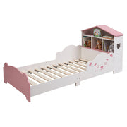 Kinderbett mit Regal in Hausform Weiss-Rosa von Relaxdays