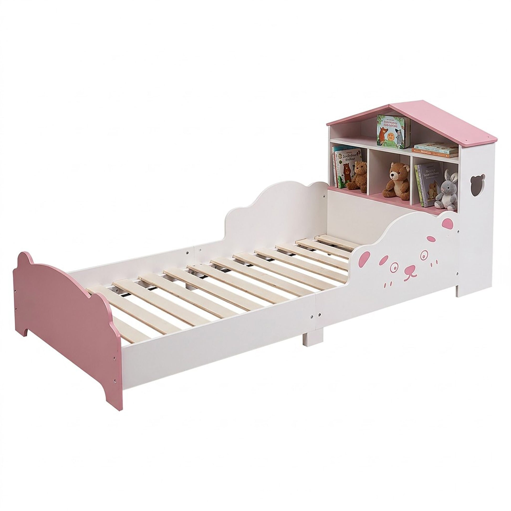 Kinderbett mit Regal in Hausform Weiss-Rosa von Relaxdays