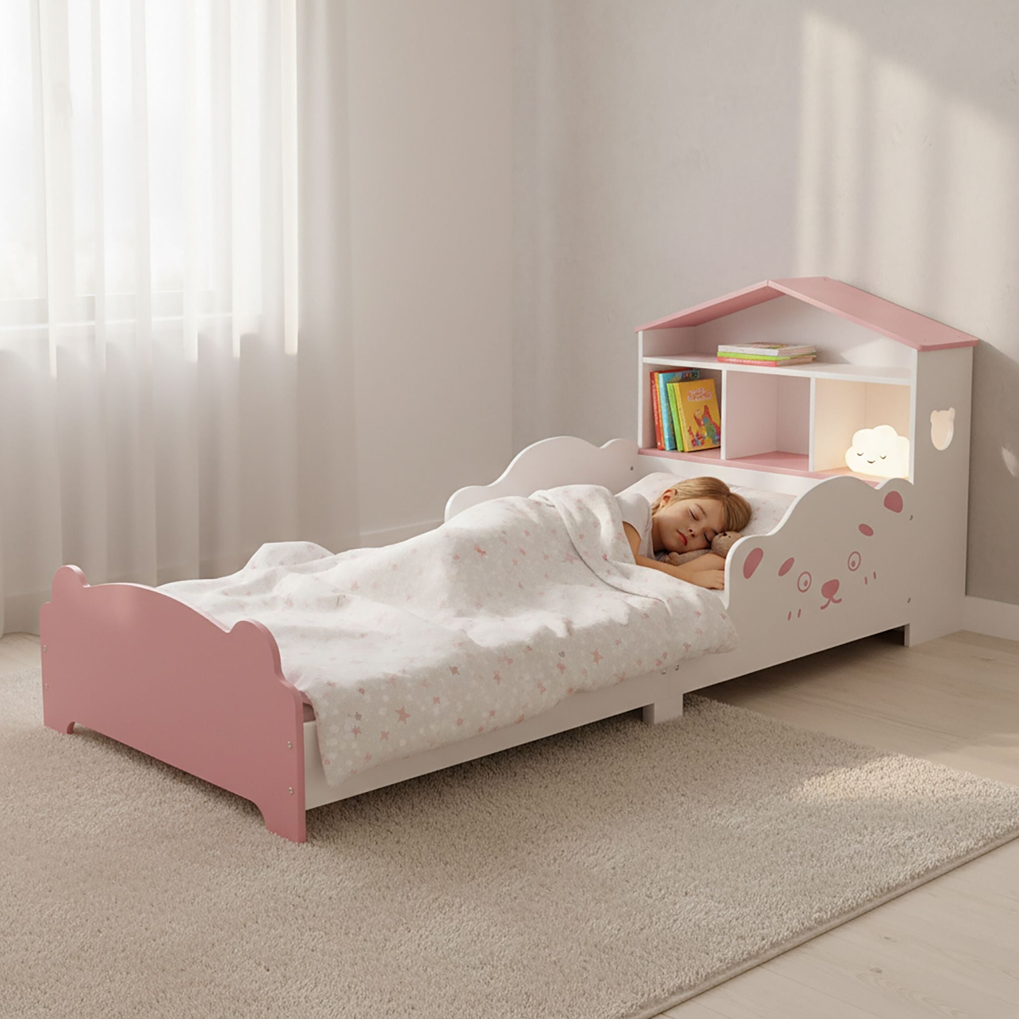 Kinderbett mit Regal in Hausform Weiss-Rosa von Relaxdays