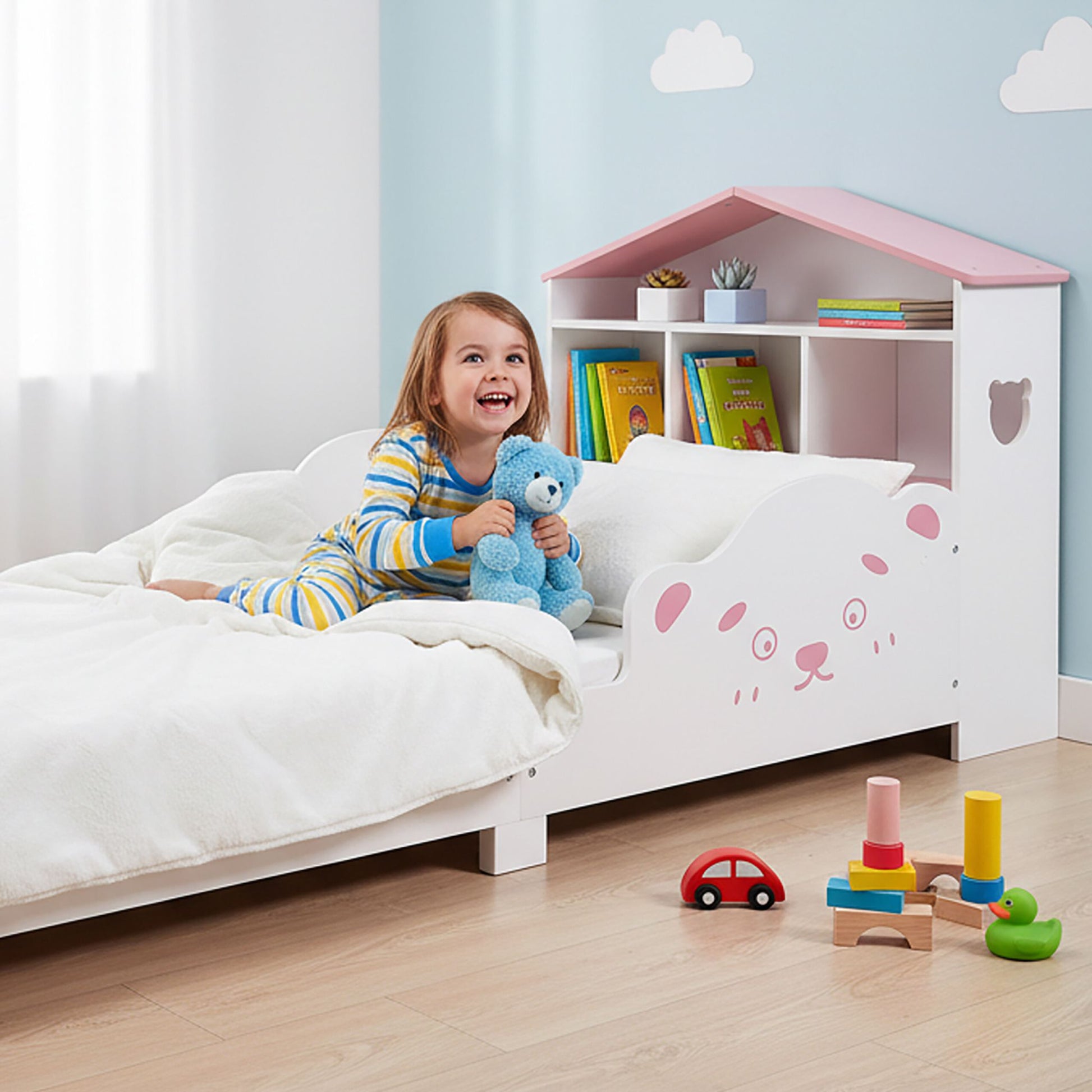 Kinderbett mit Regal in Hausform Weiss-Rosa von Relaxdays