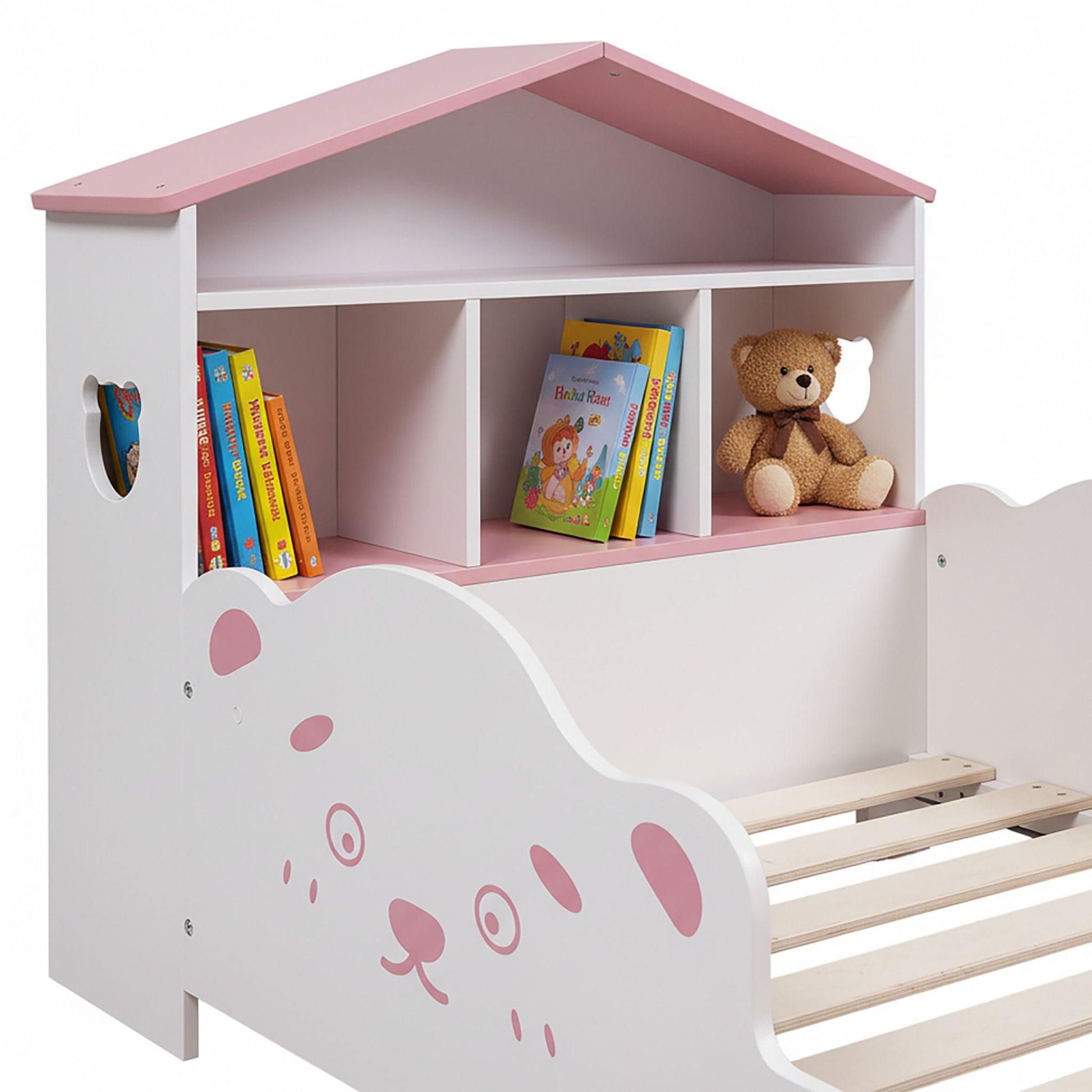 Kinderbett mit Regal in Hausform Weiss-Rosa von Relaxdays