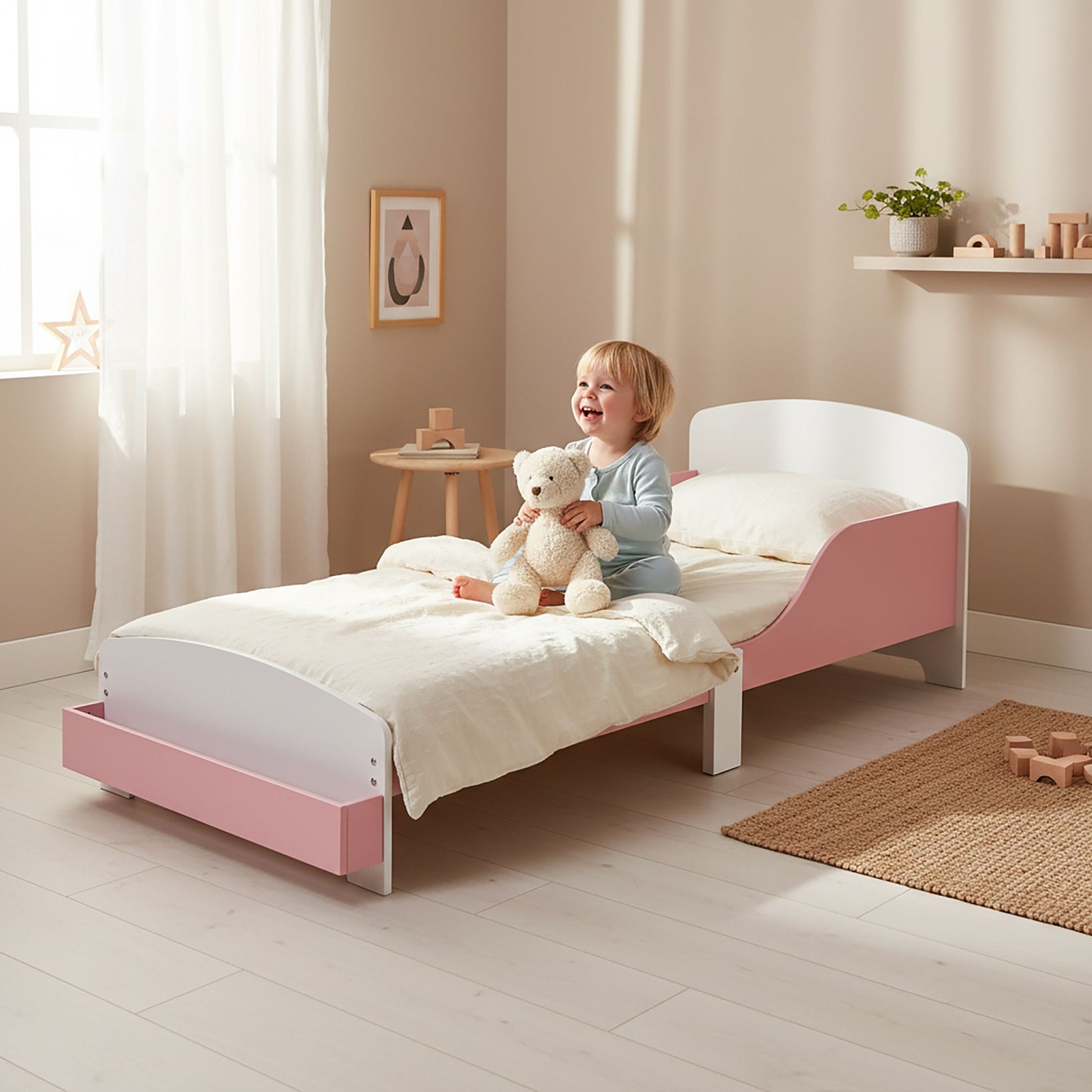 Kinderbett mit Rausfallschutz Weiss-Rosa von Relaxdays