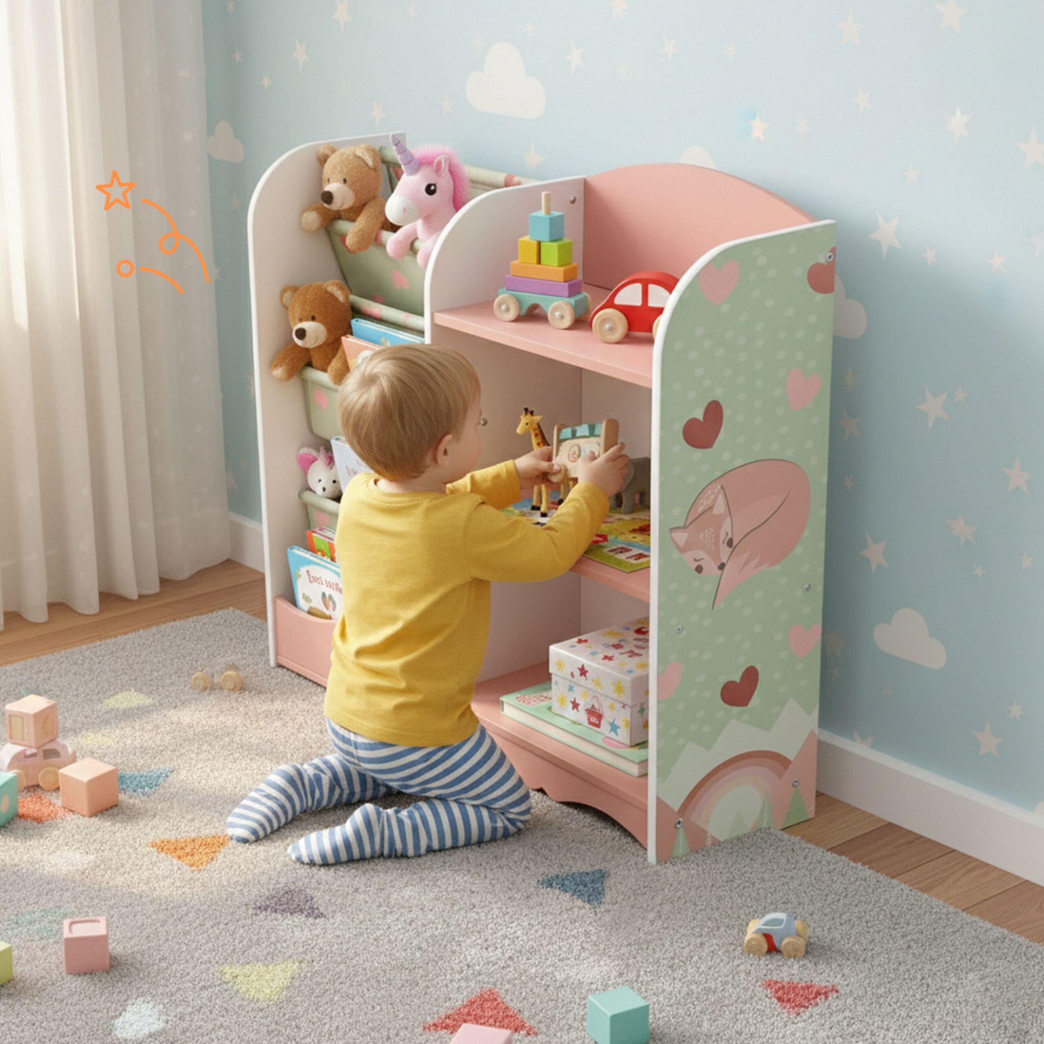 Kinderregal mit 7 Fächern Weiss-Grün-Rosa von Relaxdays