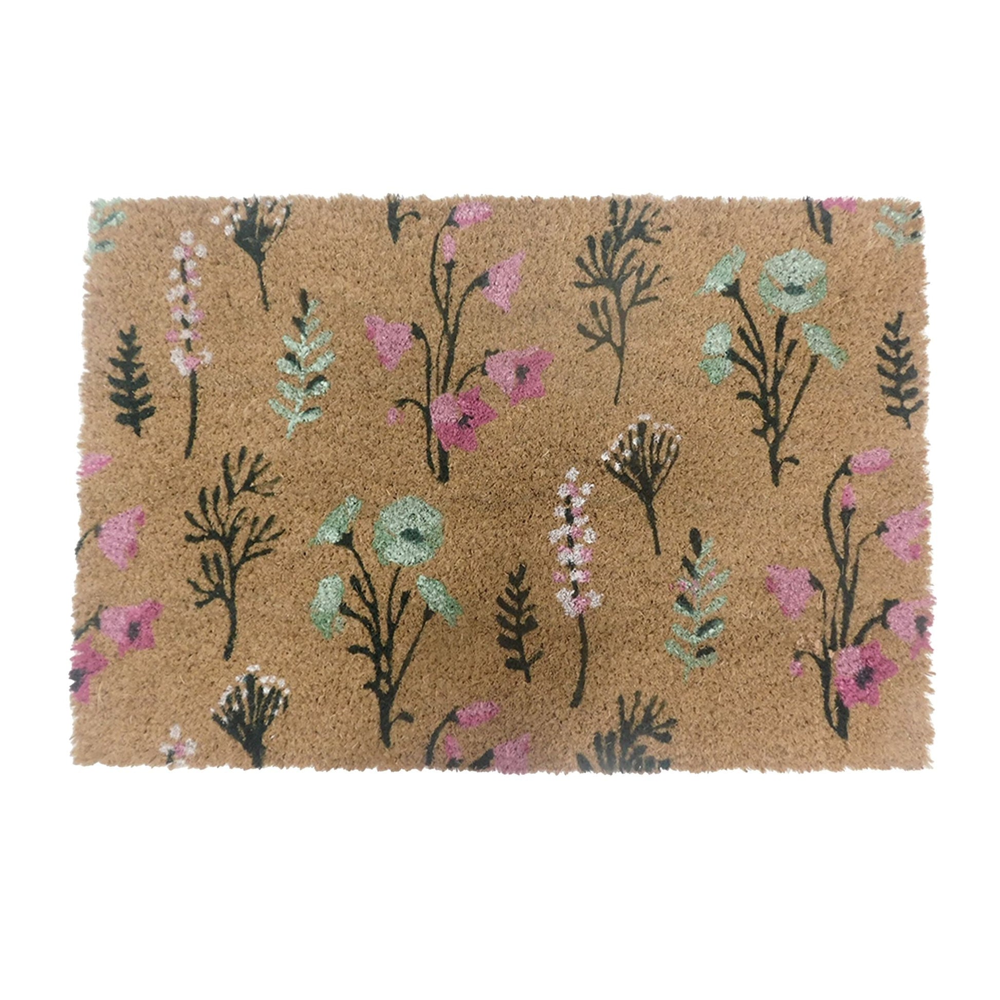 Kokos Fussmatte Pflanzen 60x40cm Hellbraun-Pink-Schwarz von Relaxdays