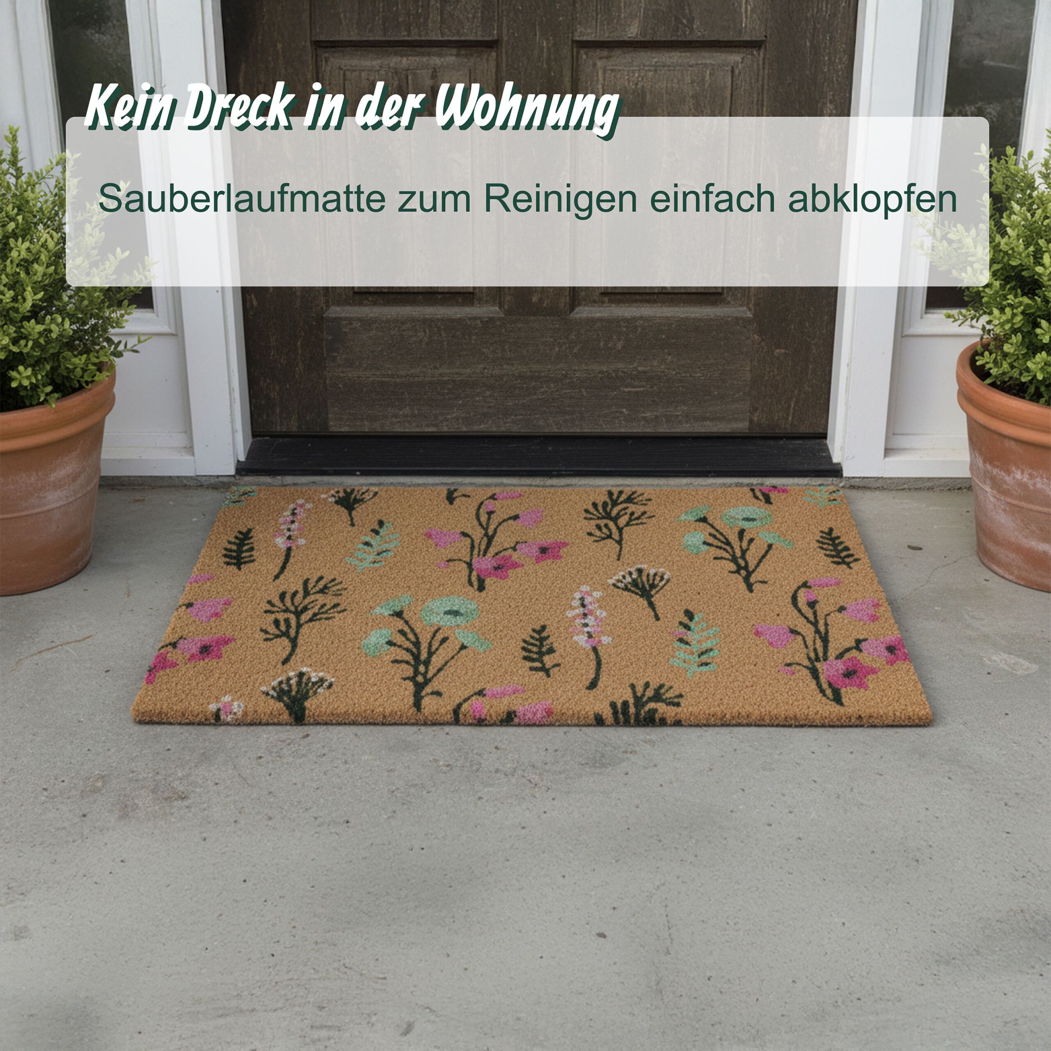 Kokos Fussmatte Pflanzen 60x40cm Hellbraun-Pink-Schwarz von Relaxdays