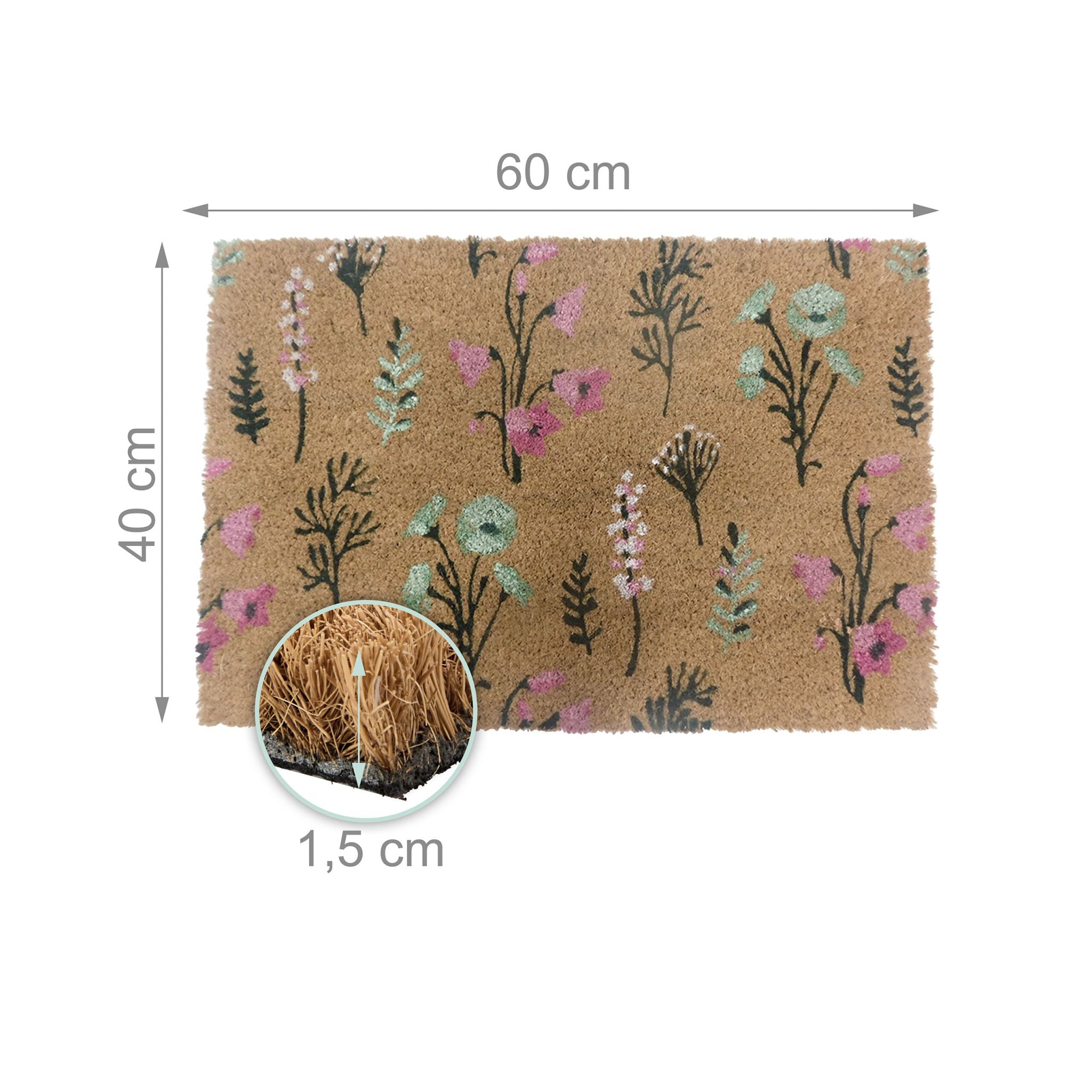 Kokos Fussmatte Pflanzen 60x40cm Hellbraun-Pink-Schwarz von Relaxdays