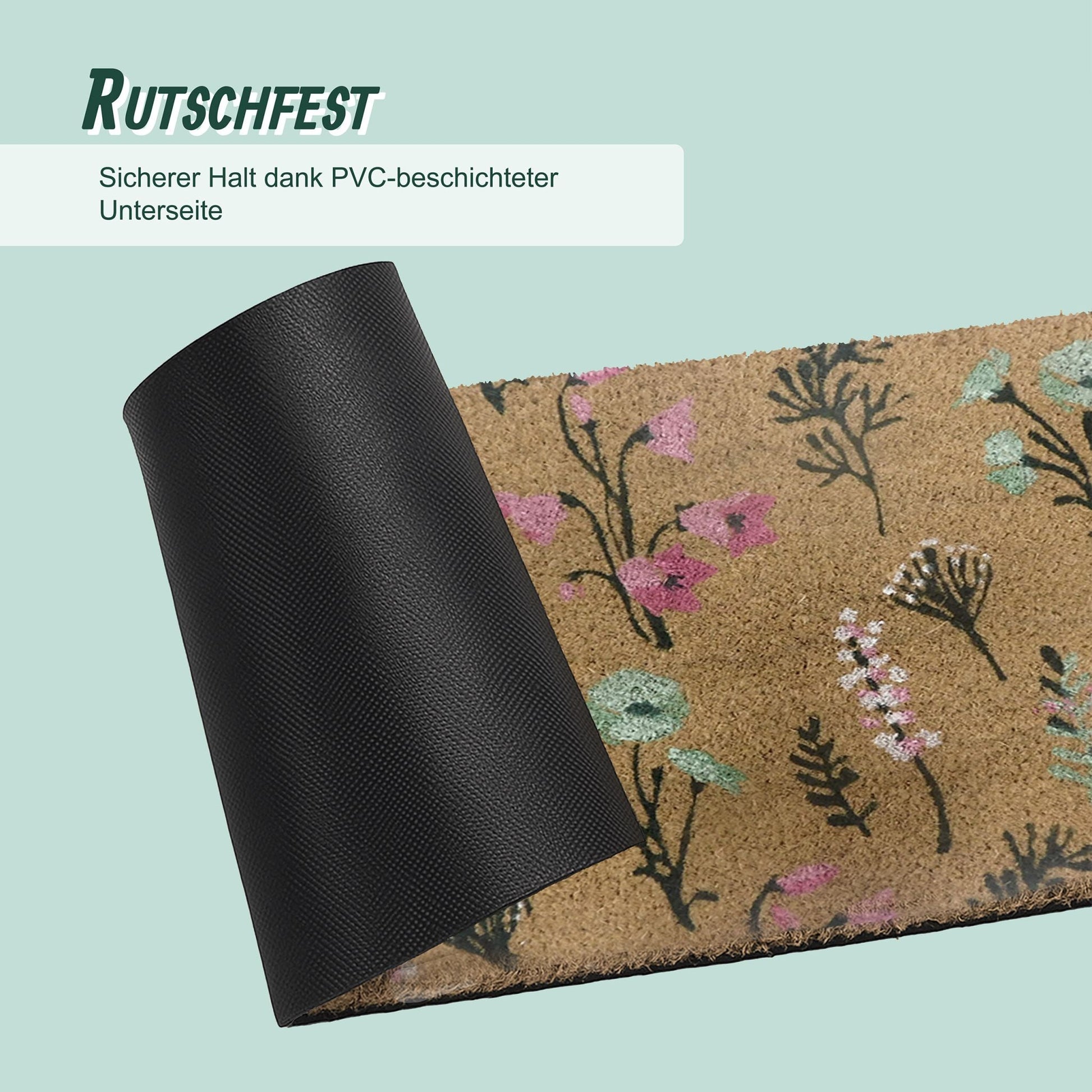 Kokos Fussmatte Pflanzen 60x40cm Hellbraun-Pink-Schwarz von Relaxdays