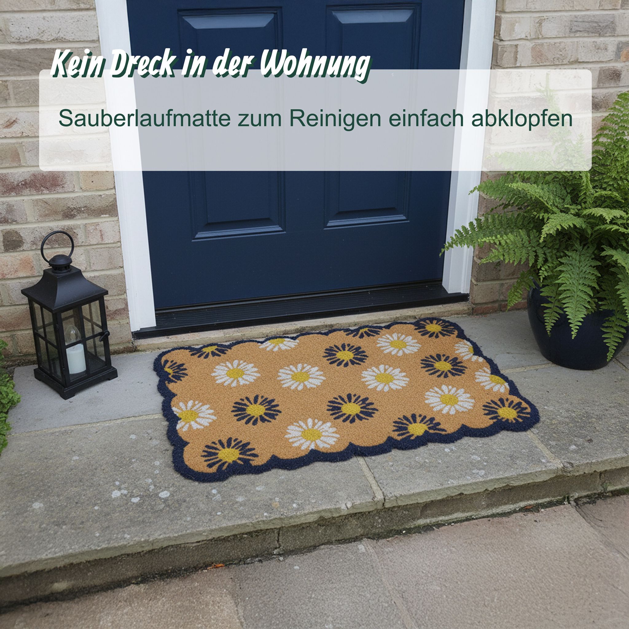 Kokos Fussmatte Pflanzen 60x40cm Weiss-Dunkelblau-Hellbraun von Relaxdays