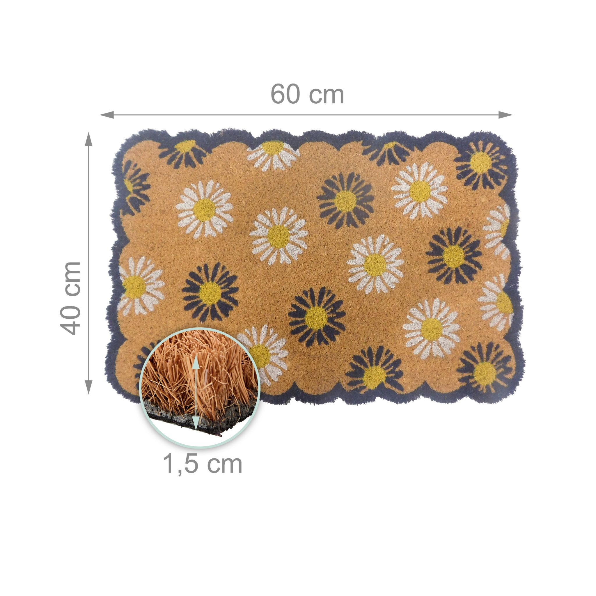 Kokos Fussmatte Pflanzen 60x40cm Weiss-Dunkelblau-Hellbraun von Relaxdays