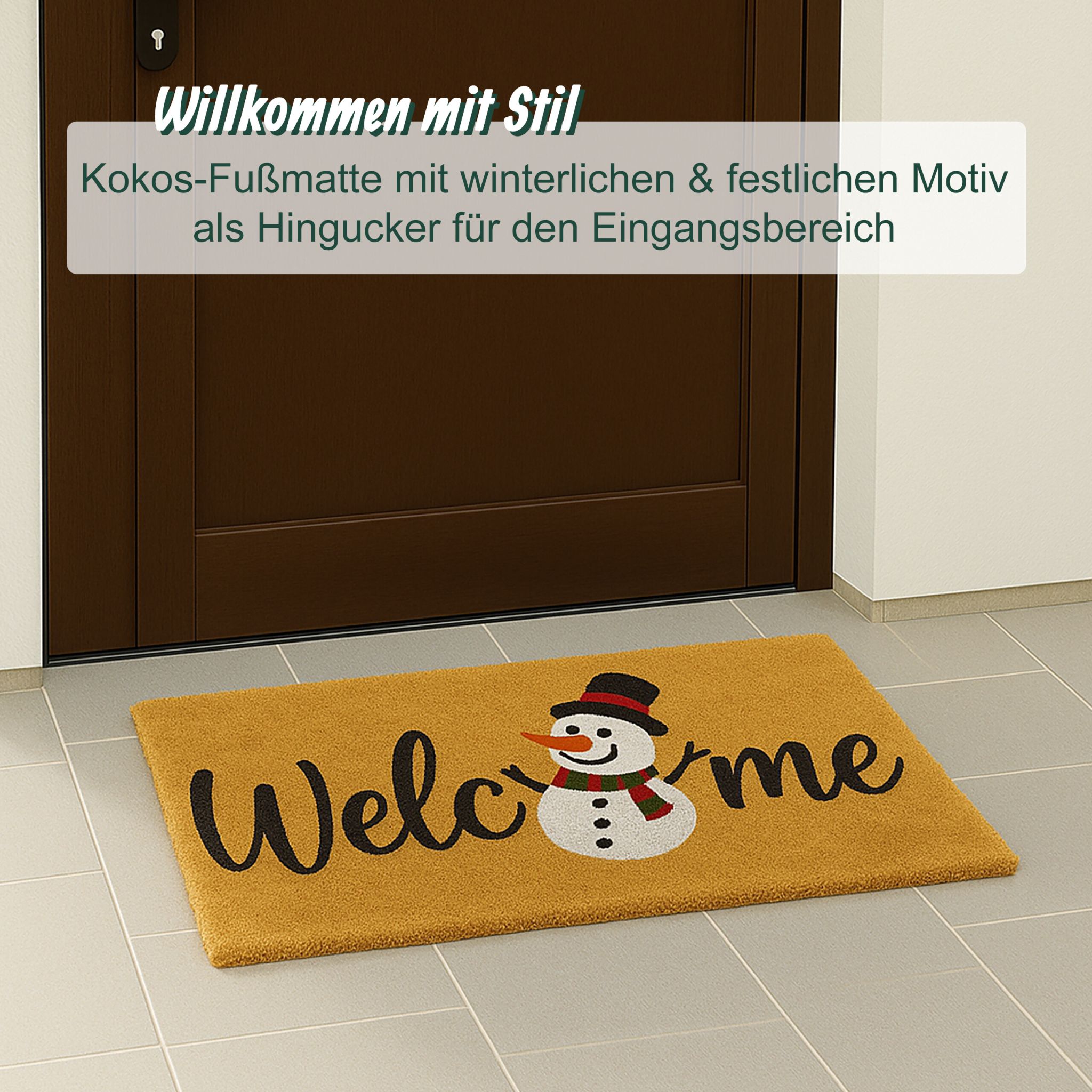 Kokos Fussmatte Winter 60x40cm Weiss-Hellbraun-Schwarz von Relaxdays