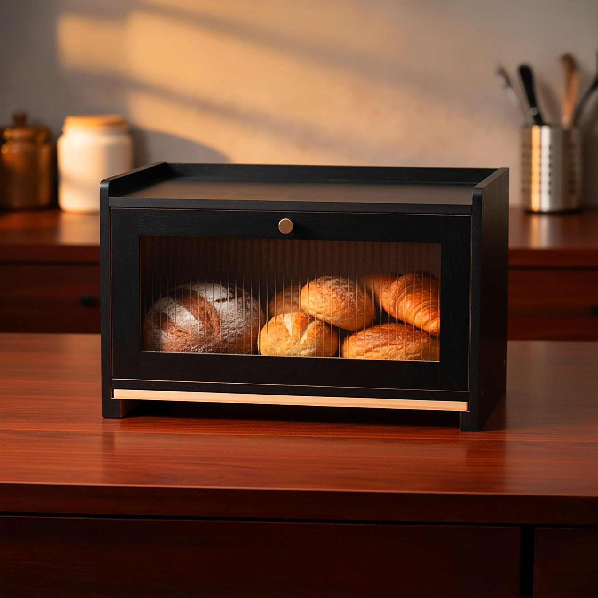 Brotkasten mit Schneidebrett Hellbraun-Schwarz von Relaxdays