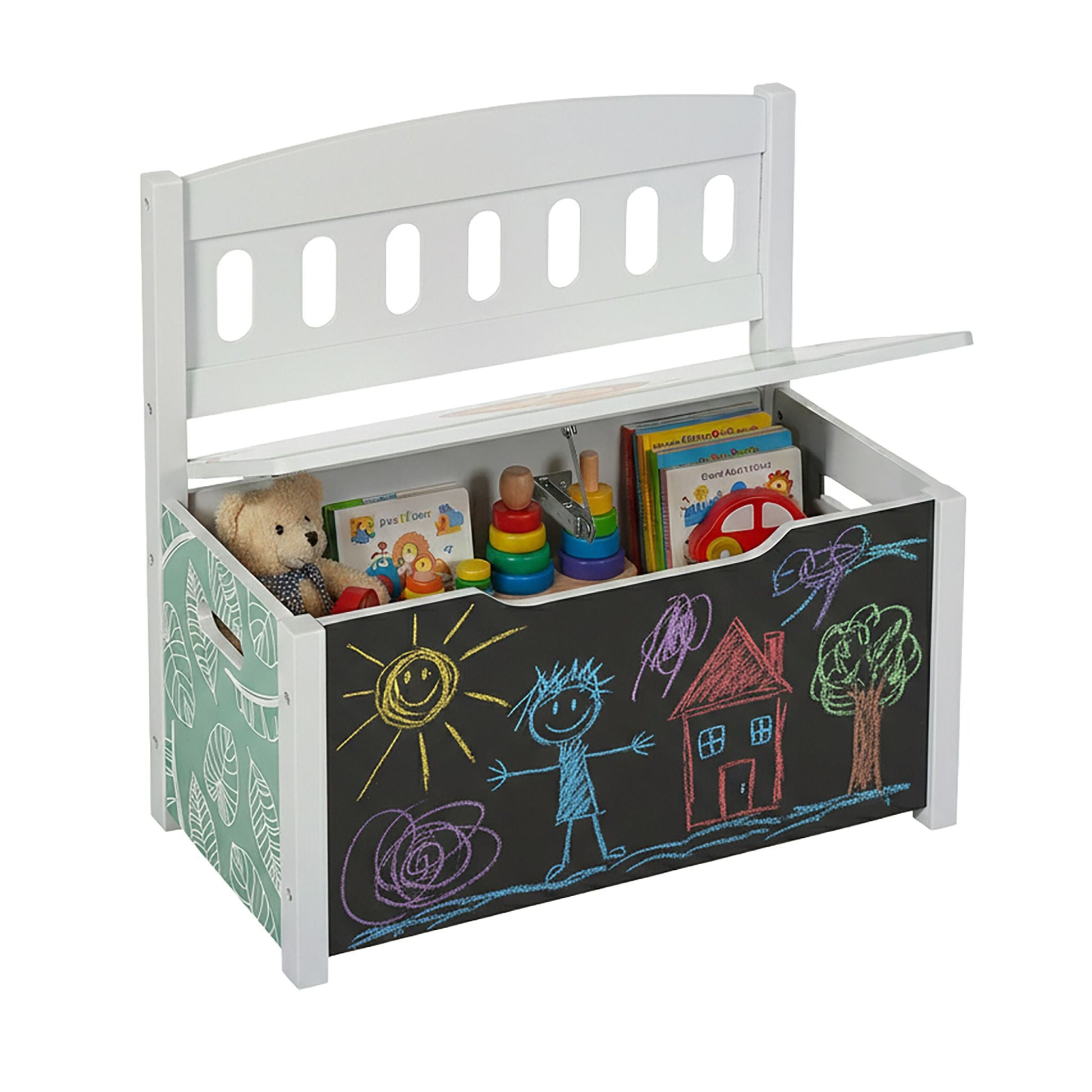 Kinderbank mit Stauraum & Tafel Weiss-Grün-Schwarz von Relaxdays