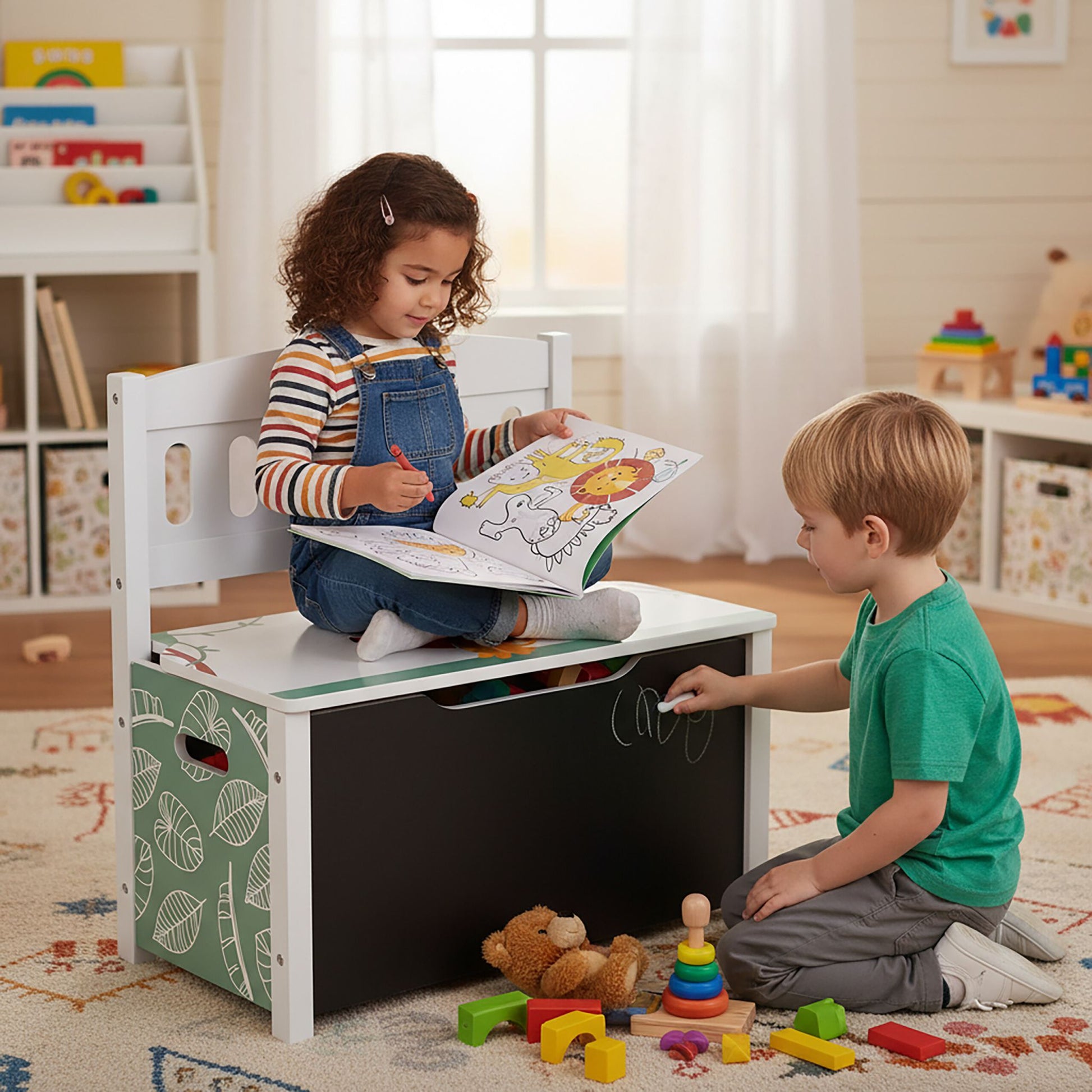 Kinderbank mit Stauraum & Tafel Weiss-Grün-Schwarz von Relaxdays