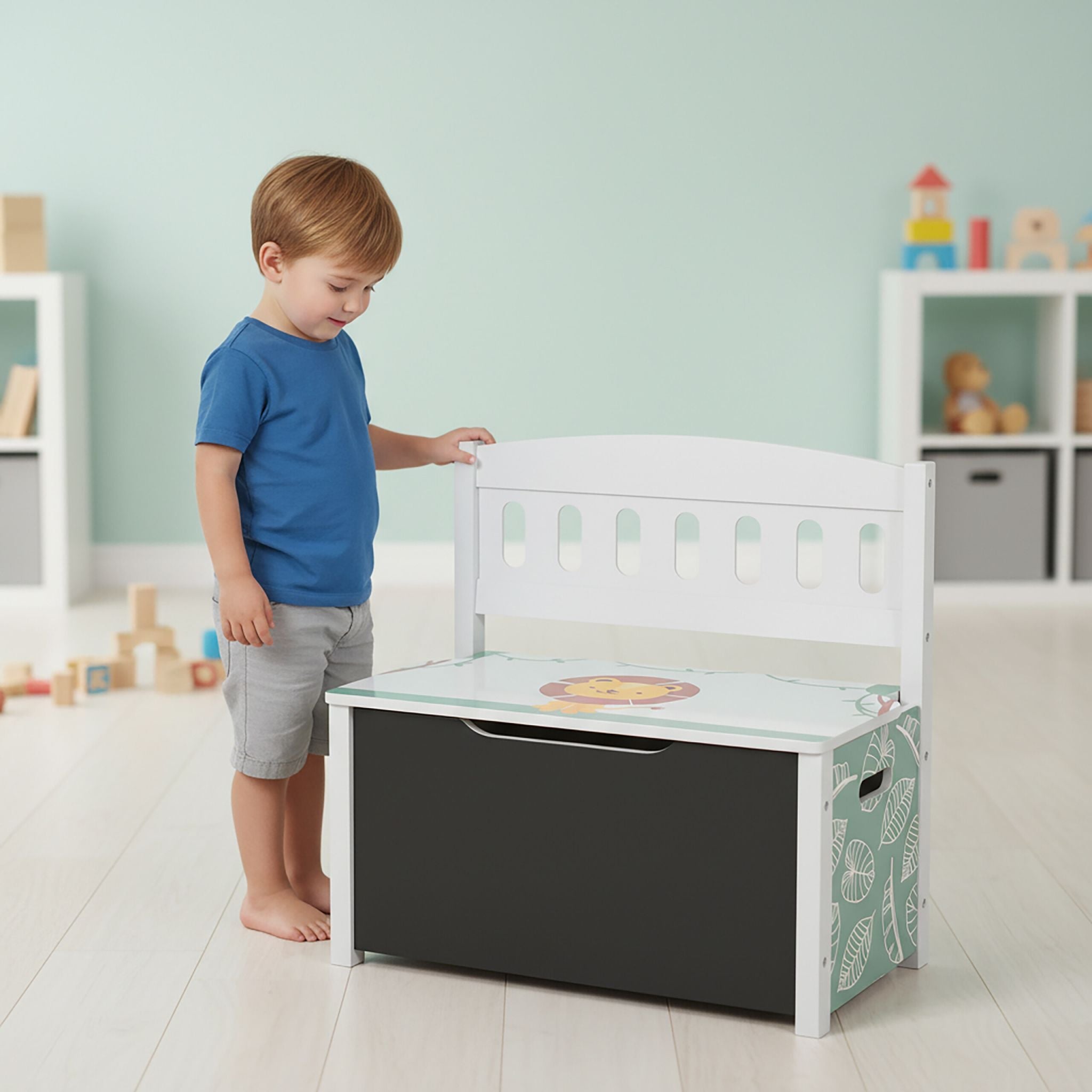 Kinderbank mit Stauraum & Tafel Weiss-Grün-Schwarz von Relaxdays