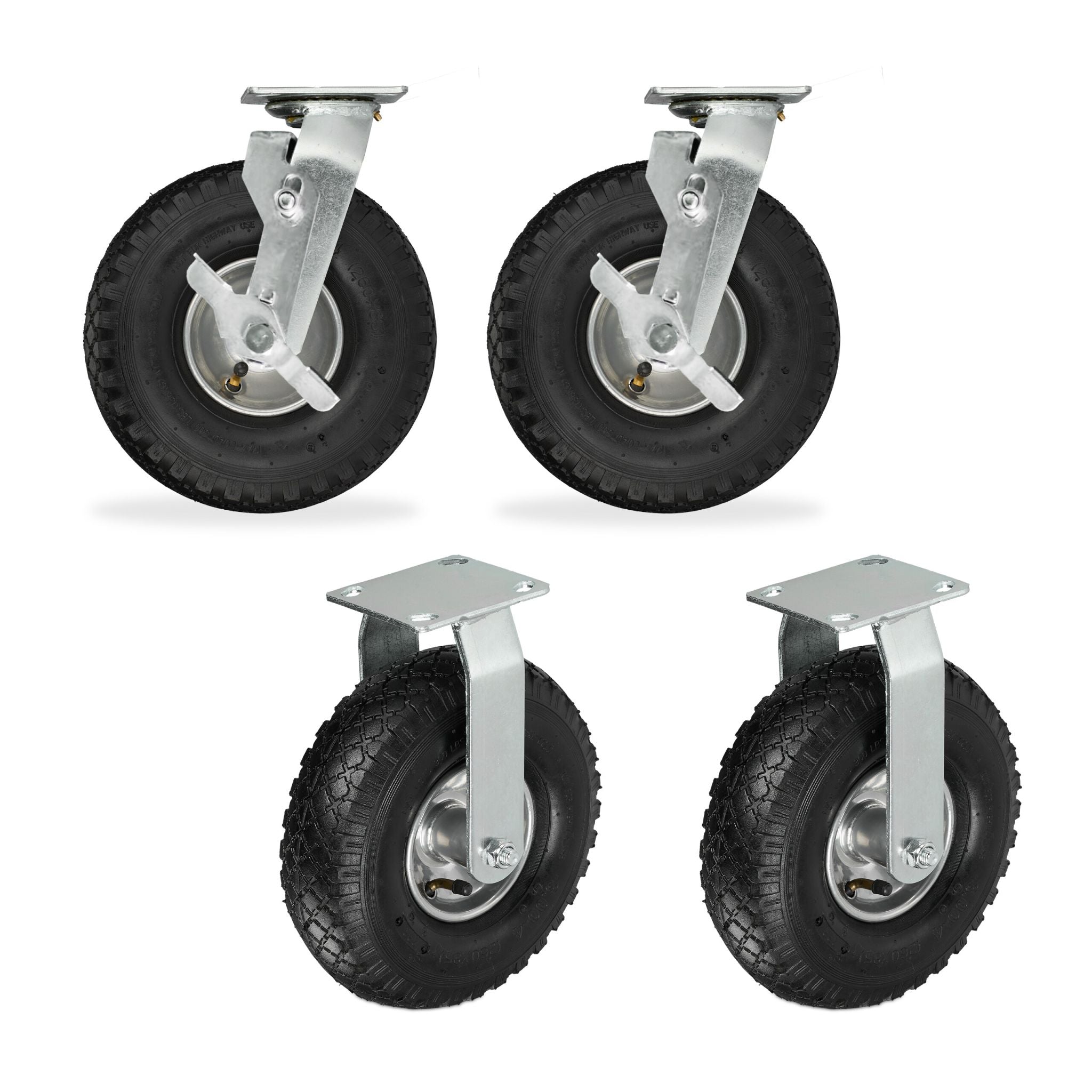 Lenkrolle luftbereift 3.00-4 4er-Set Schwarz-Silber von Relaxdays