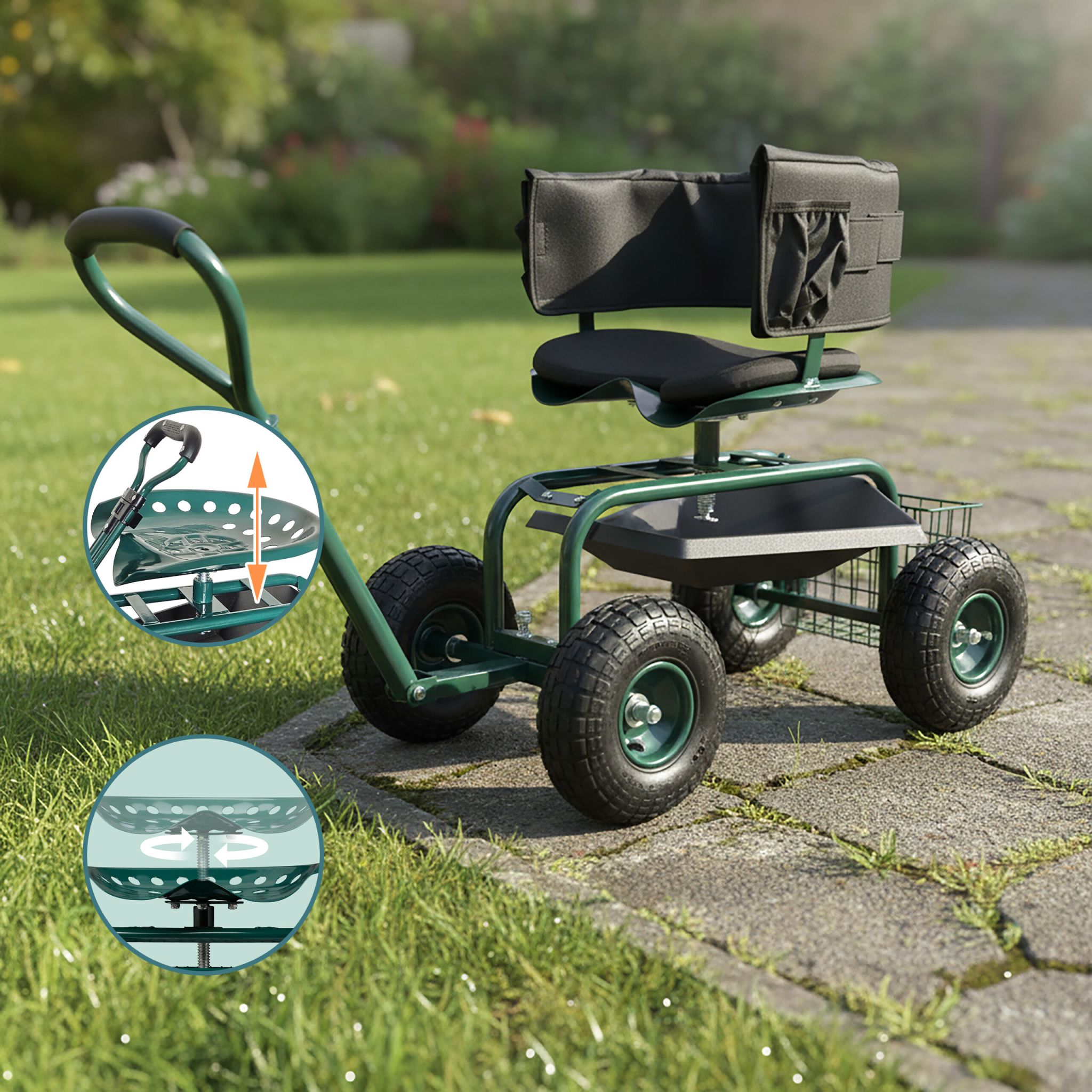 Fahrbarer Gartensitz mit Stauraum Dunkelgrün-Schwarz von Relaxdays