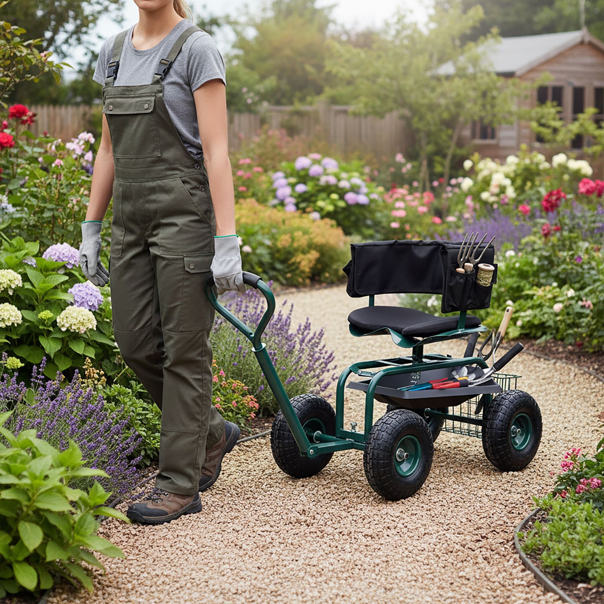 Fahrbarer Gartensitz mit Stauraum Dunkelgrün-Schwarz von Relaxdays