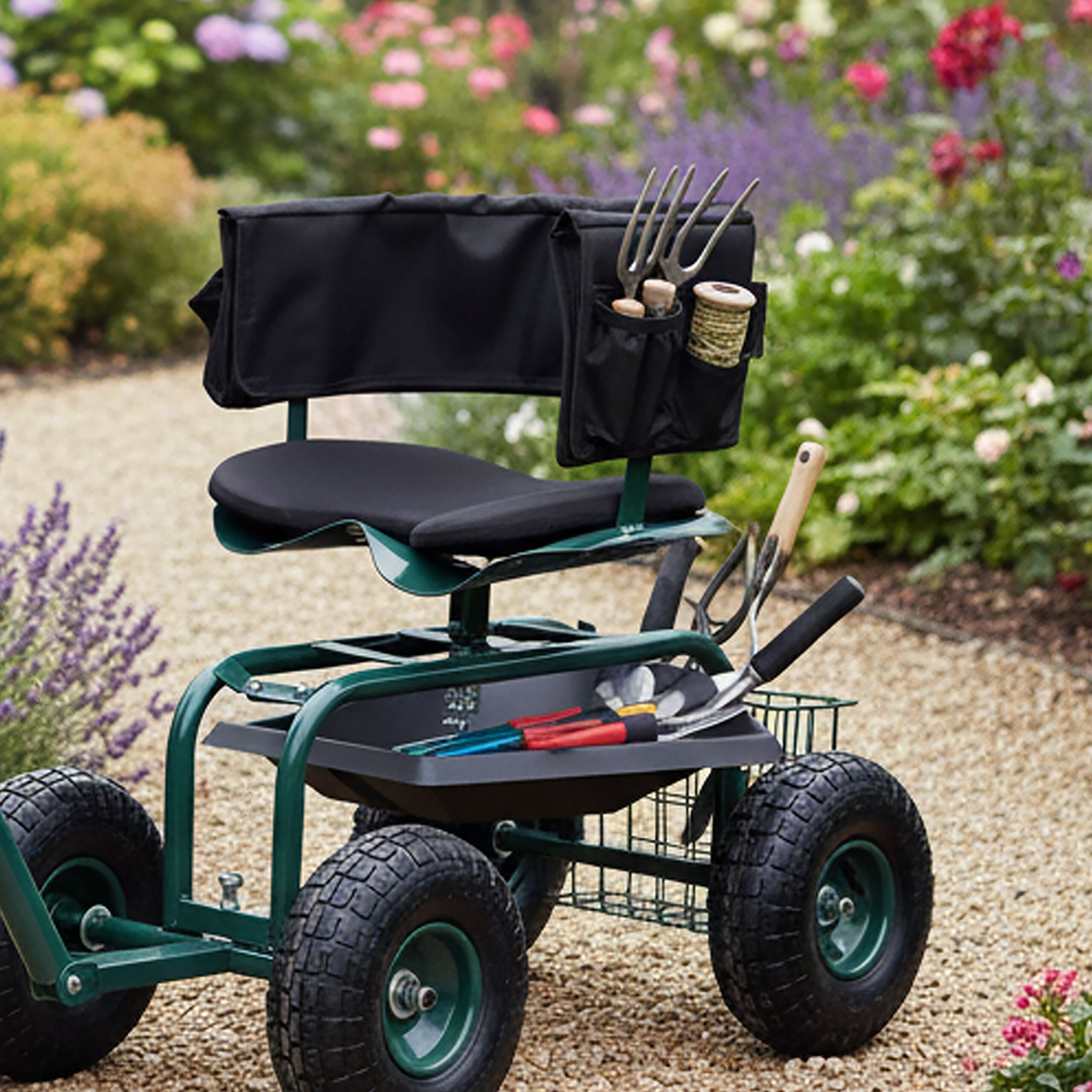Fahrbarer Gartensitz mit Stauraum Dunkelgrün-Schwarz von Relaxdays