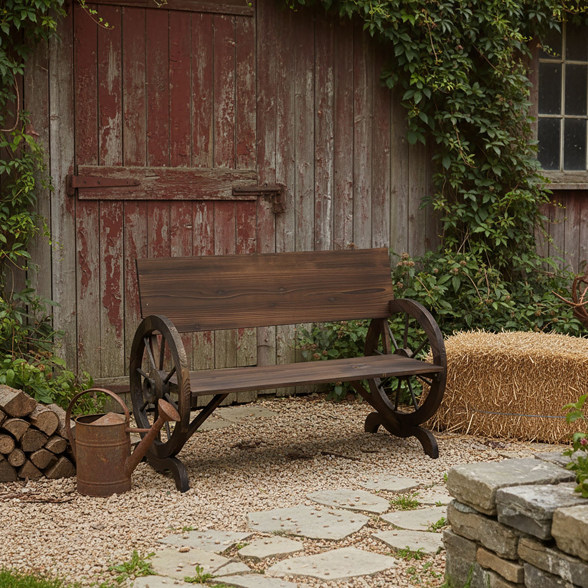 Gartenbank Wagenrad 2-Sitzer Dunkelbraun von Relaxdays