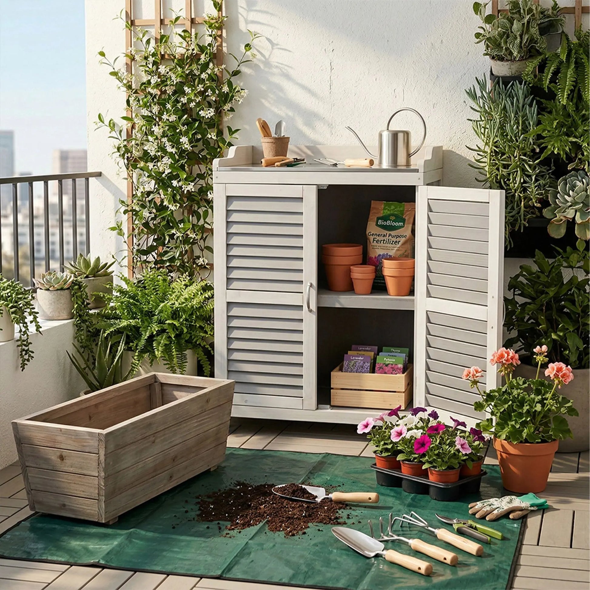 Pflanztisch mit Unterschrank Weiss-Grau von Relaxdays
