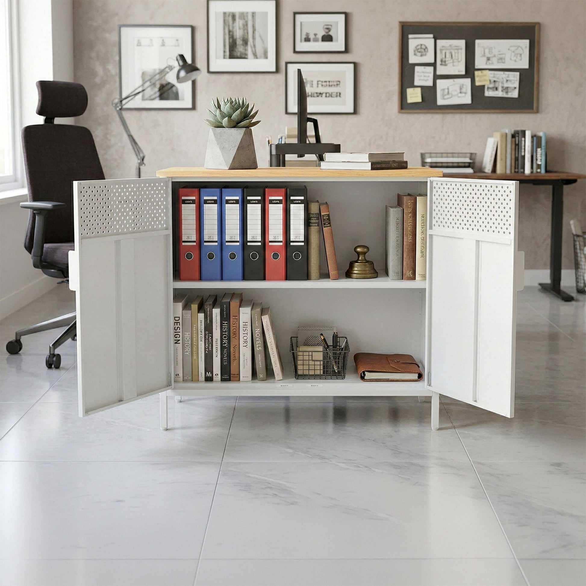 Metallschrank mit 2 Türen Weiss-Hellbraun von Relaxdays