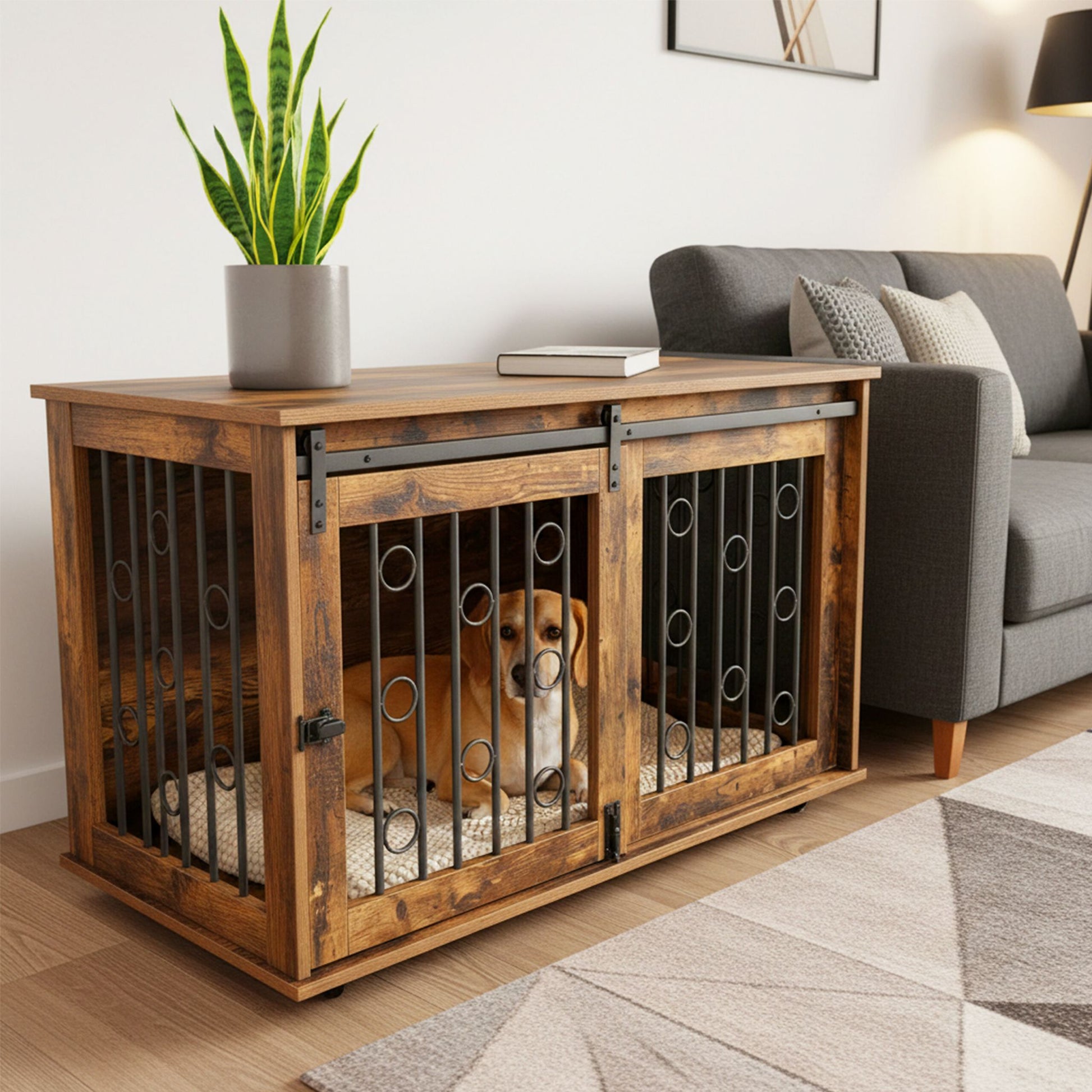 Hundekäfig Möbel mit 2 Türen & Rollen Braun-Schwarz von Relaxdays