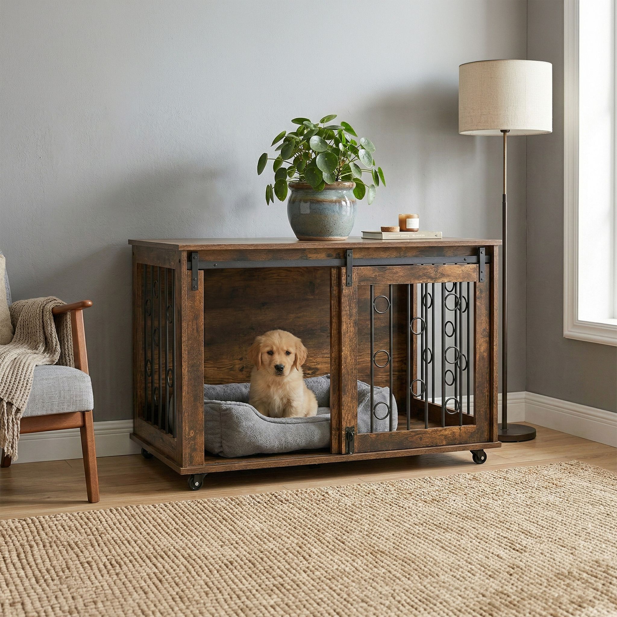 Hundekäfig Möbel mit 2 Türen & Rollen Braun-Schwarz von Relaxdays
