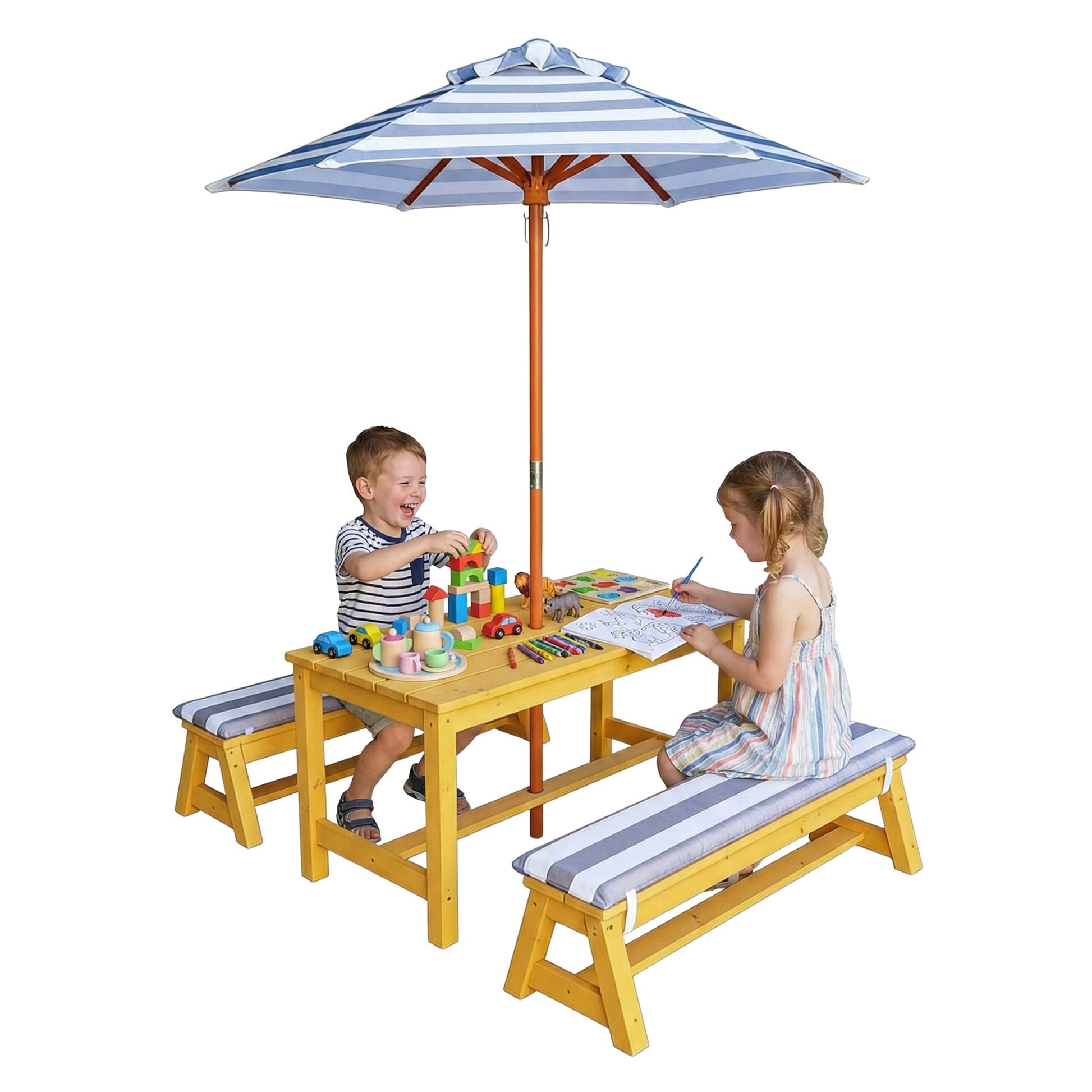 Kindersitzgruppe mit Schirm & Auflagen Weiss-Blau-Hellbraun von Relaxdays